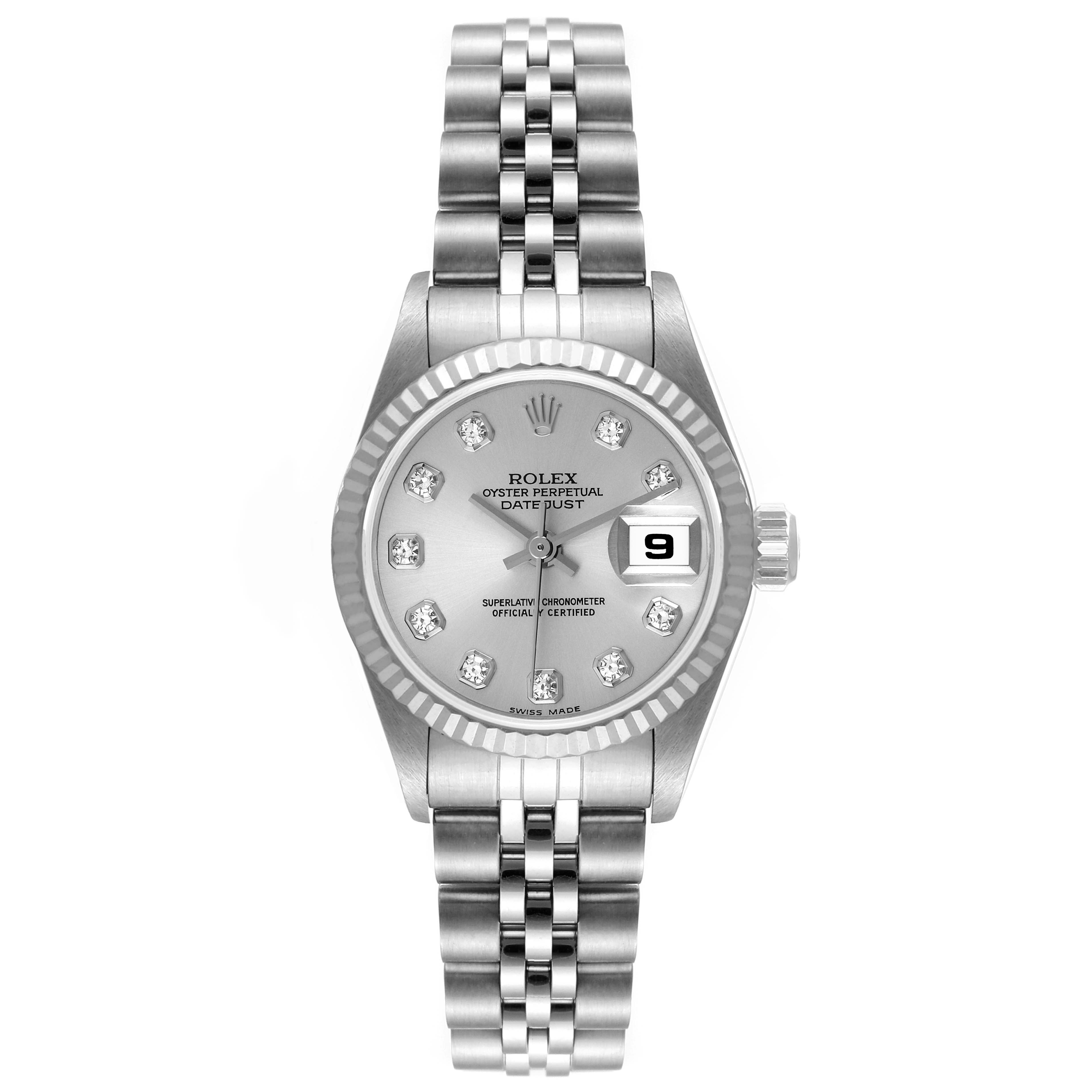 The image shows a Rolex Datejust 79174 Women's Stainless Steel Silver Dial 79174 Women's Stainless Steel Silver Dial watch with a silver dial, diamond hour markers, fluted bezel, and Jubilee bracelet, viewed from the front.