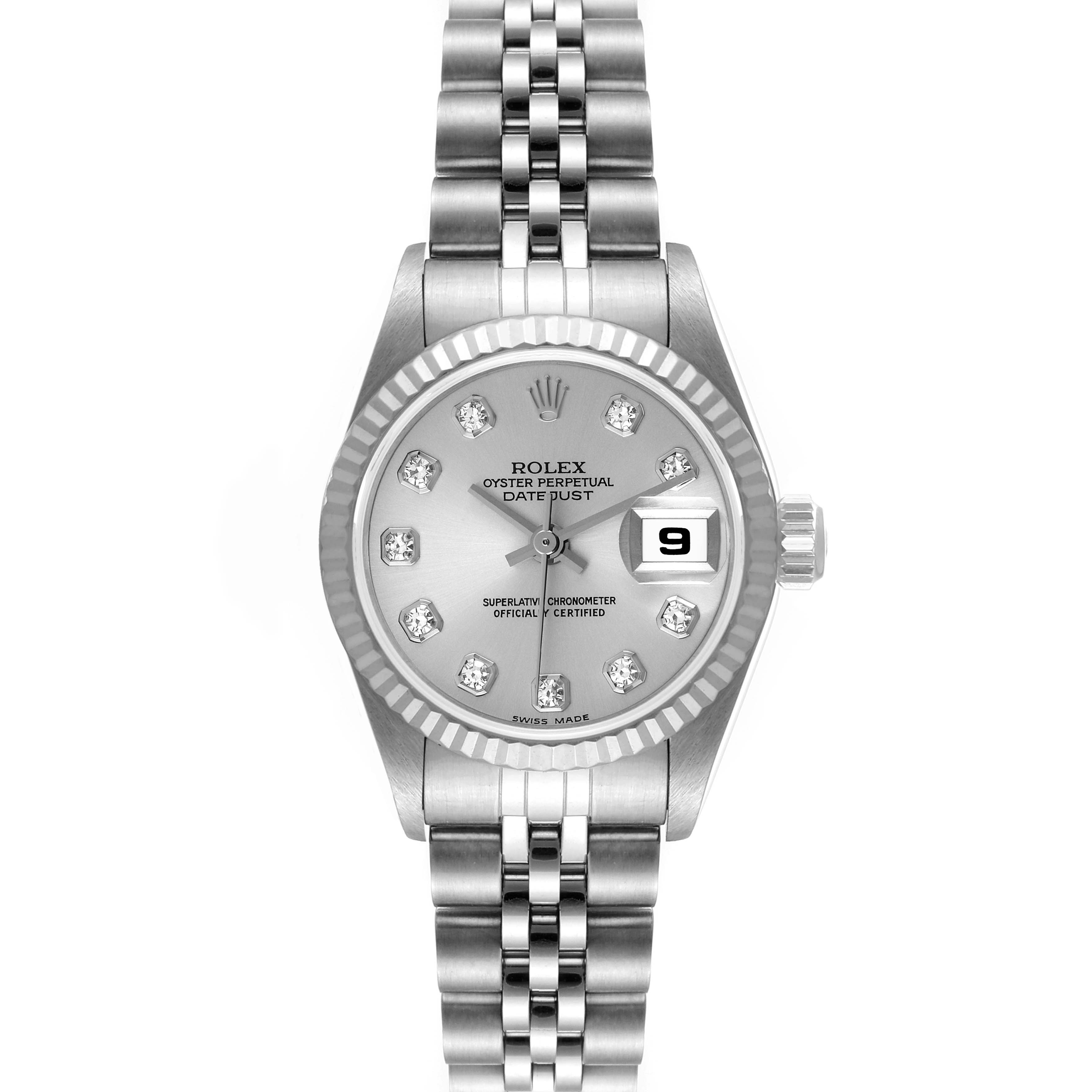 The image shows a front view of a Rolex Datejust 79174 Women's Stainless Steel Silver Dial 79174 Women's Stainless Steel Silver Dial watch, featuring its face, bezel, and bracelet.