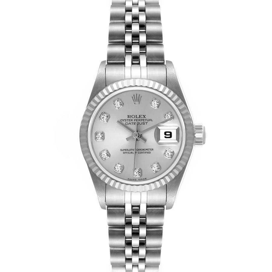 The image shows a front view of a Rolex Datejust watch, featuring its face, bezel, and bracelet.