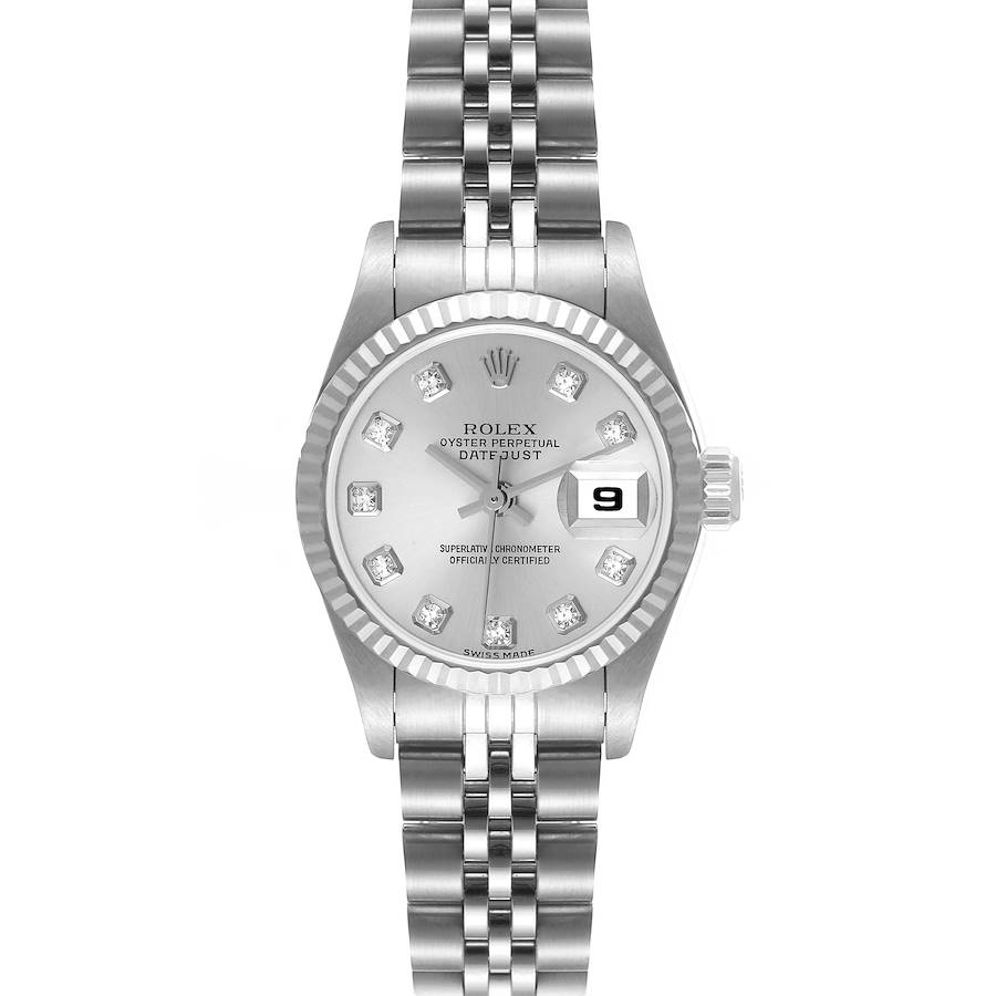 This image shows a front view of a Rolex Datejust watch, highlighting the dial, bezel, and bracelet.