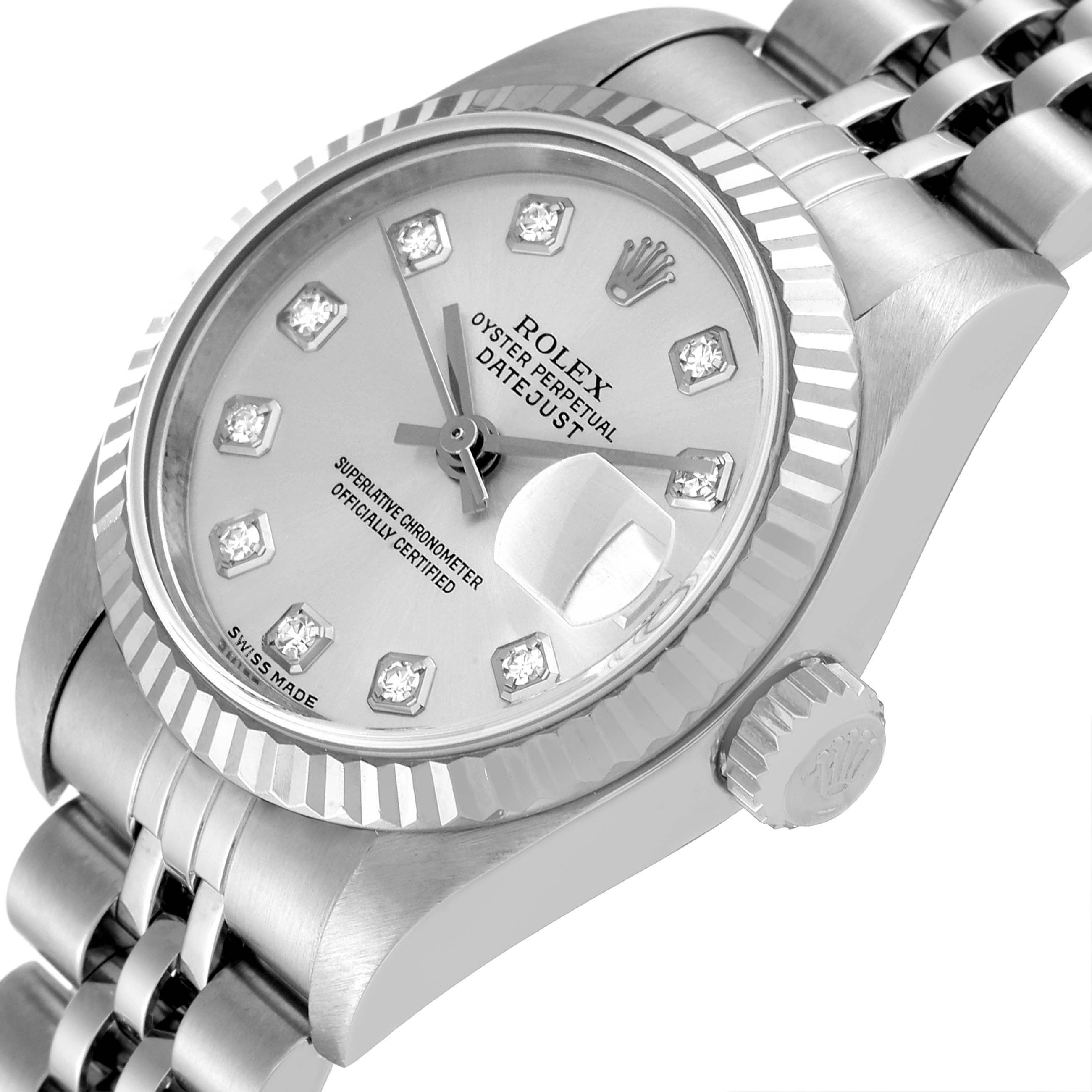 The image shows a close-up, side view of the Rolex Datejust 79174 Women's Stainless Steel Silver Dial 79174 Women's Stainless Steel Silver Dial watch face, bezel, crown, and part of the bracelet.