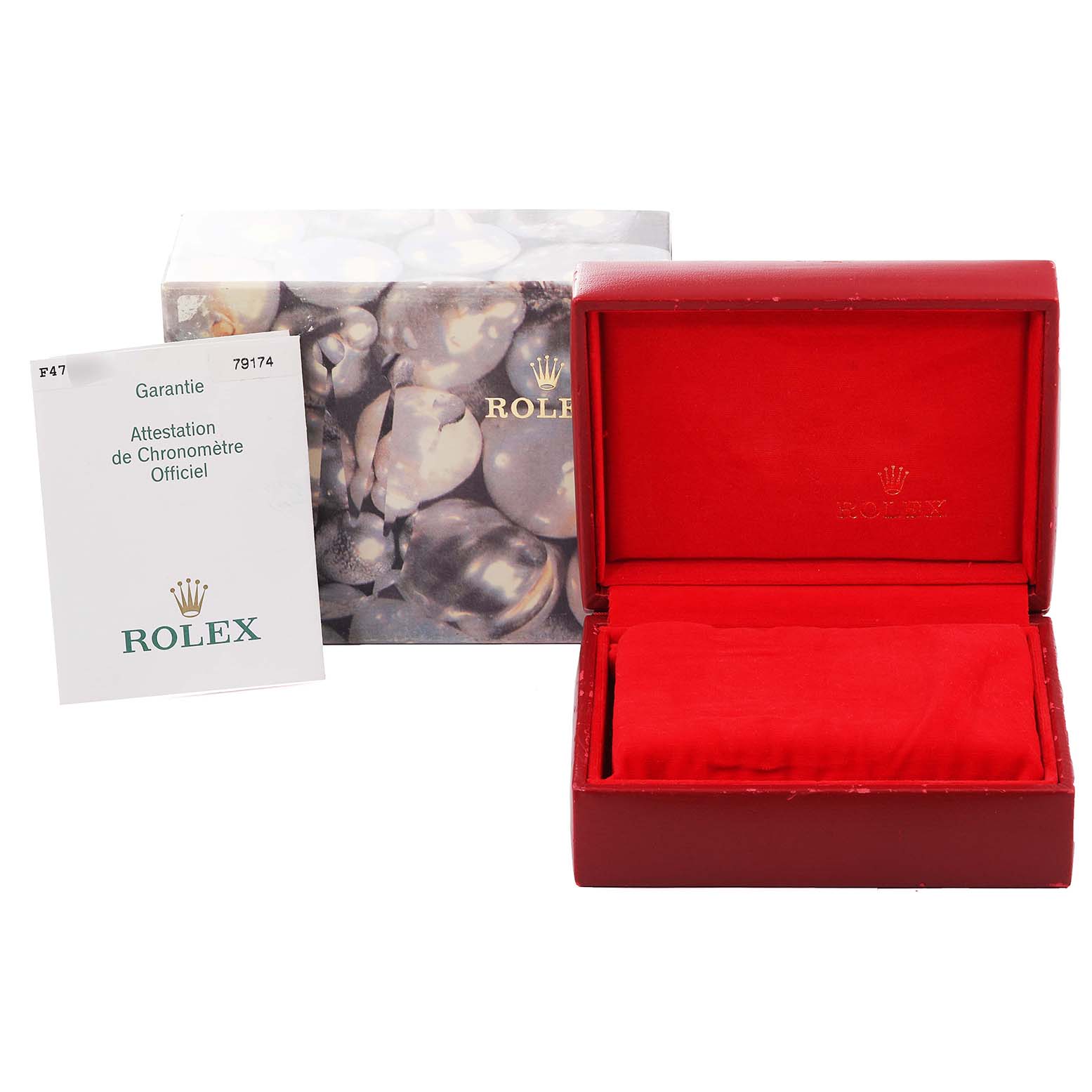 The image shows a Rolex Datejust 79174 Women's Stainless Steel Silver Dial 79174 Women's Stainless Steel Silver Dial watch box, a red interior case, and a certificate of authenticity.
