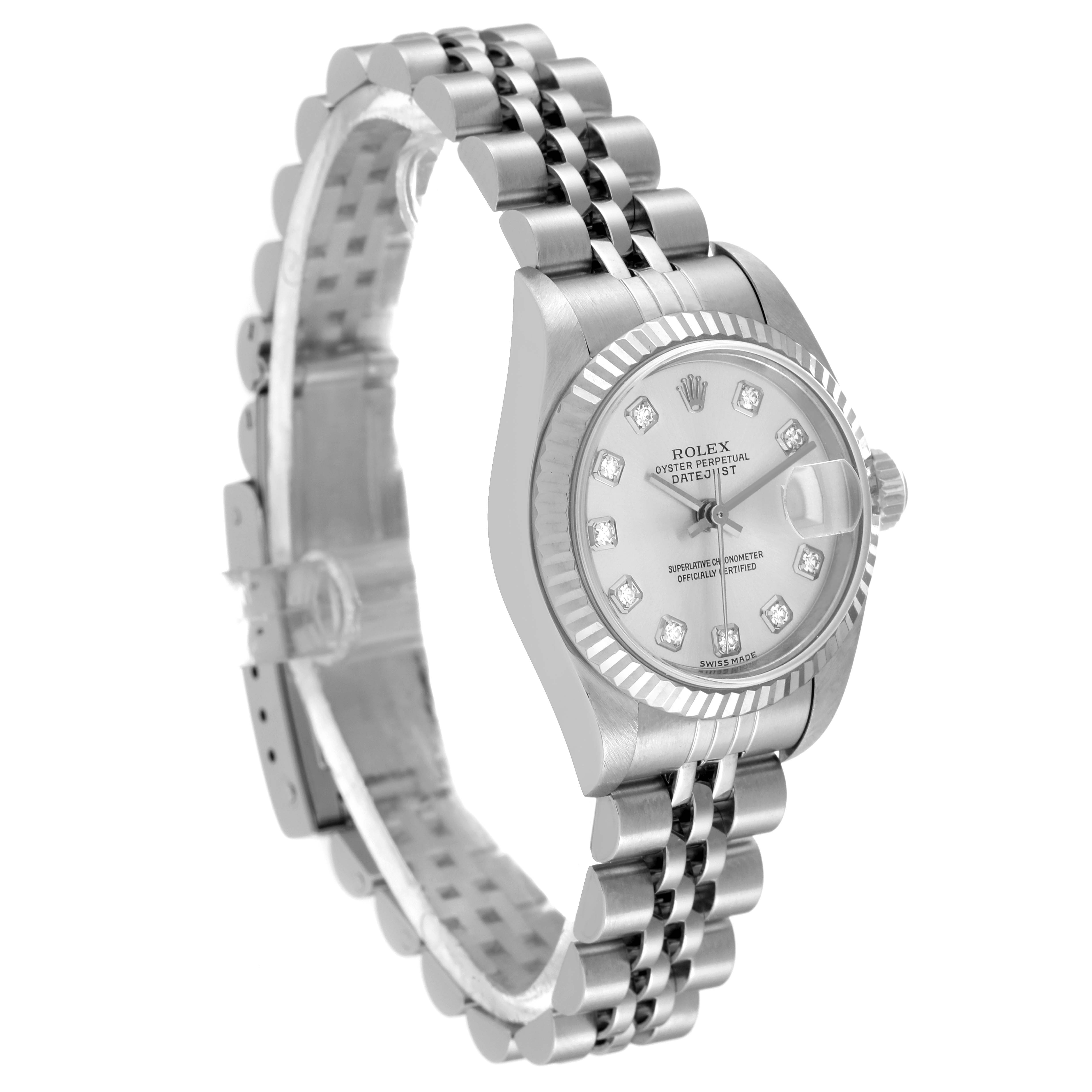 The Rolex Datejust 79174 Women's Stainless Steel Silver Dial 79174 Women's Stainless Steel Silver Dial watch is shown at a 3/4 angle, displaying its dial, case, crown, and bracelet.