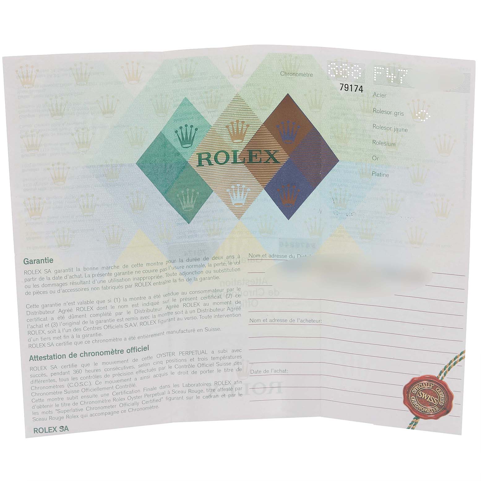 The image shows a warranty card for the Rolex Datejust 79174 Women's Stainless Steel Silver Dial 79174 Women's Stainless Steel Silver Dial model.