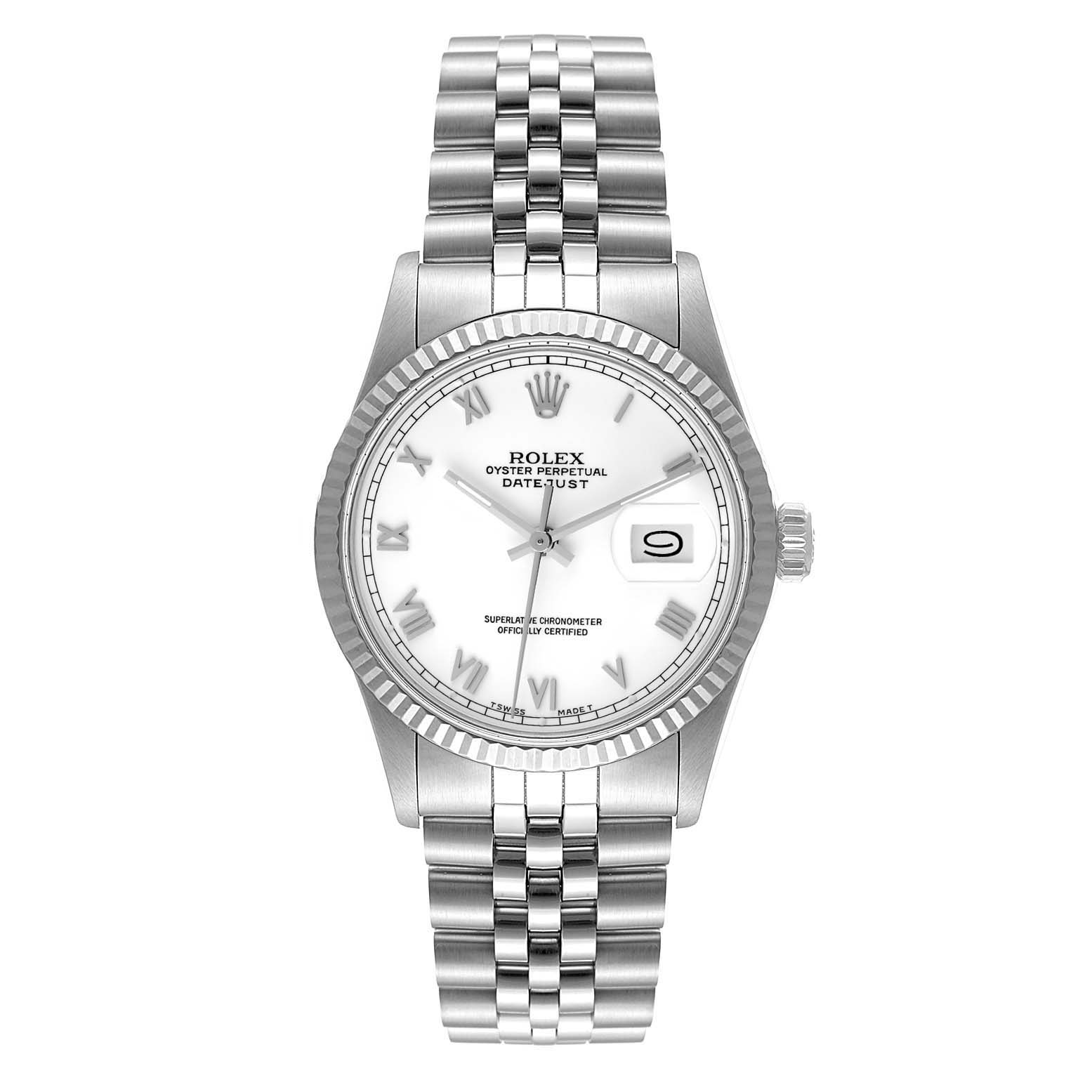 The image shows a Rolex Datejust 16014 Men's Stainless Steel White Dial 16014 Men's Stainless Steel White Dial watch from a front angle, highlighting its face, bezel, and bracelet.