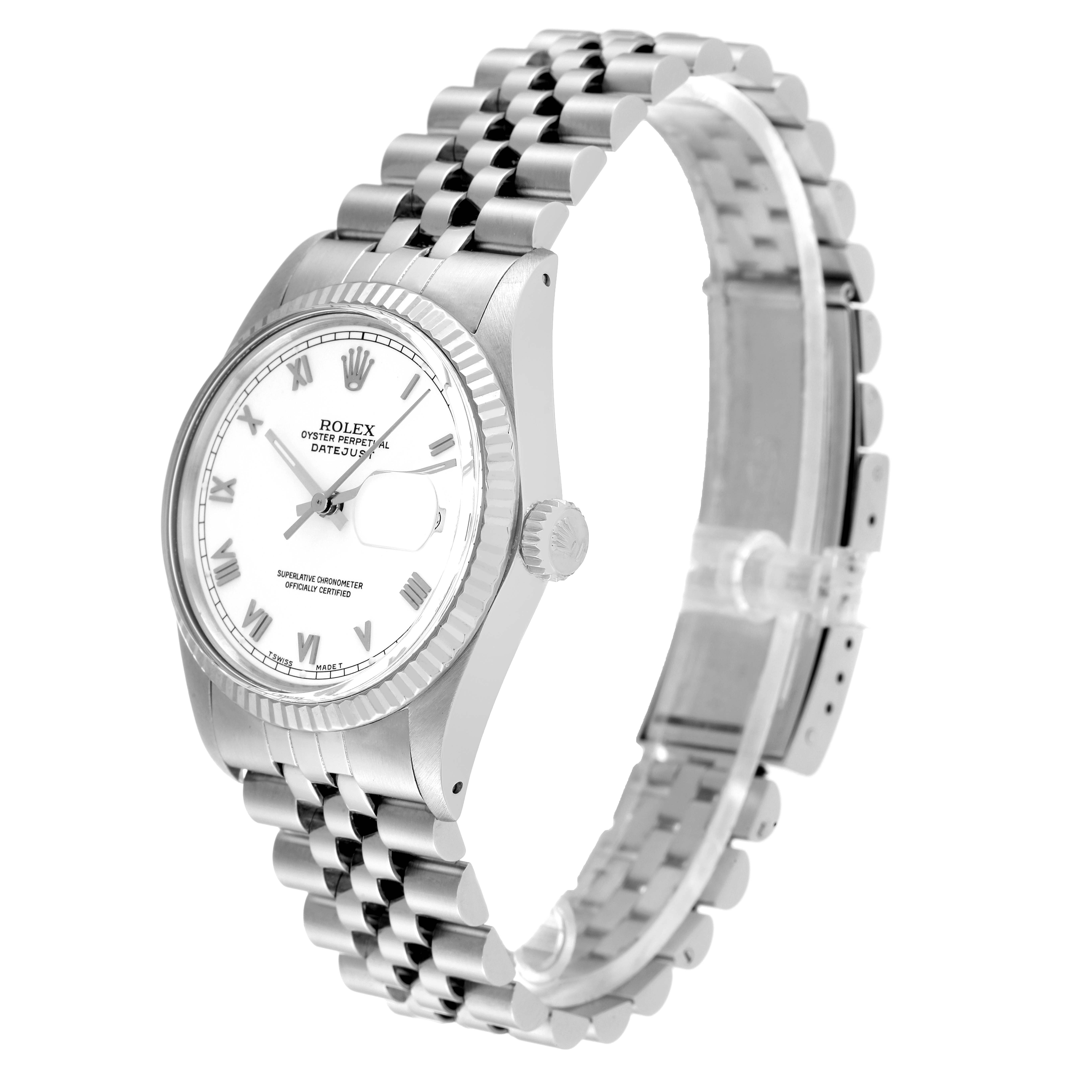 The image shows a side angle view of the Rolex Datejust 16014 Men's Stainless Steel White Dial 16014 Men's Stainless Steel White Dial watch, highlighting its face, bezel, crown, and jubilee bracelet.