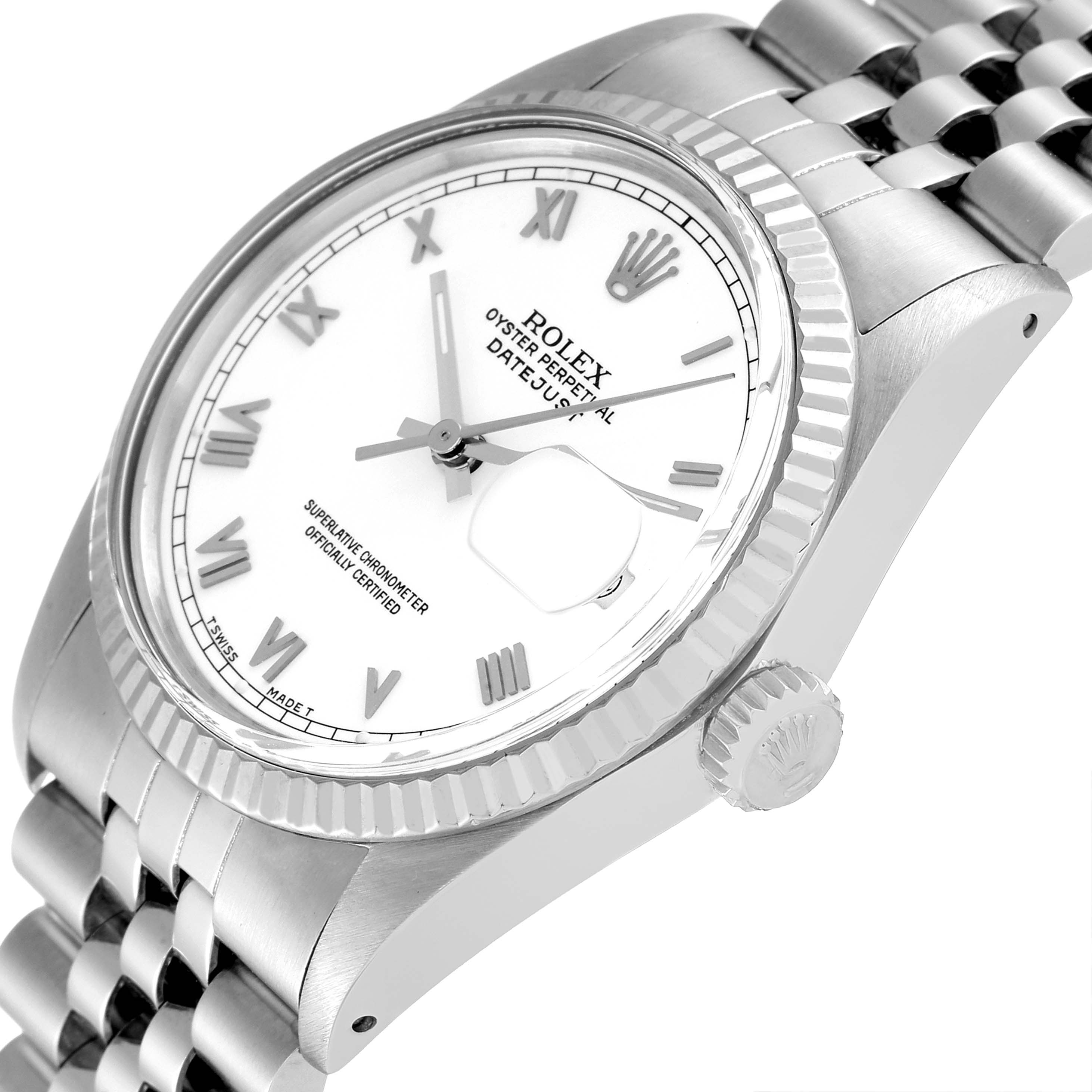 This image shows a close-up, angled view of the Rolex Datejust 16014 Men's Stainless Steel White Dial 16014 Men's Stainless Steel White Dial, highlighting its dial, bezel, crown, and bracelet.