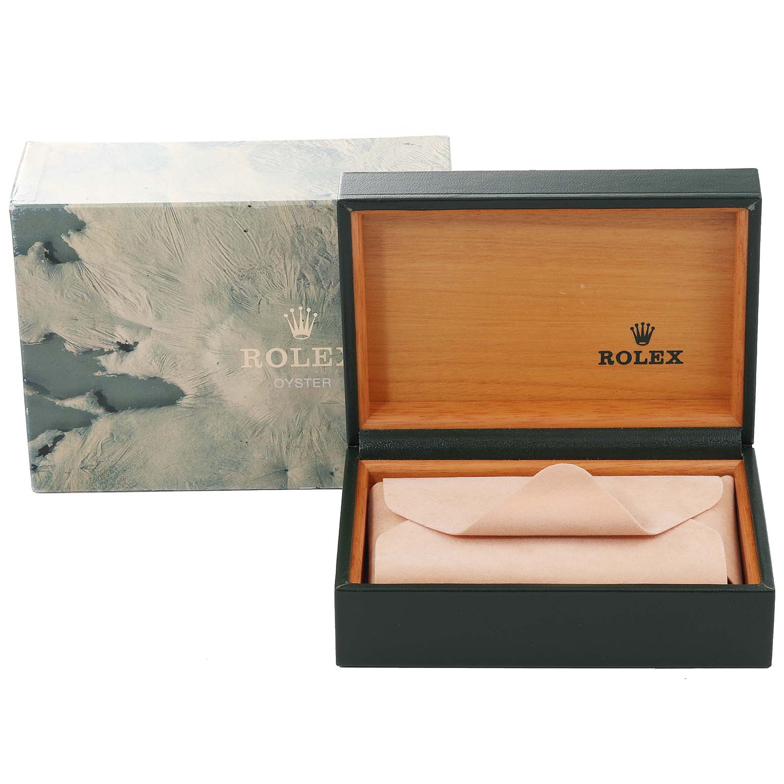 The image shows an open Rolex Datejust 16014 Men's Stainless Steel White Dial 16014 Men's Stainless Steel White Dial watch box and its outer packaging from a front angle, with the interior padding visible.