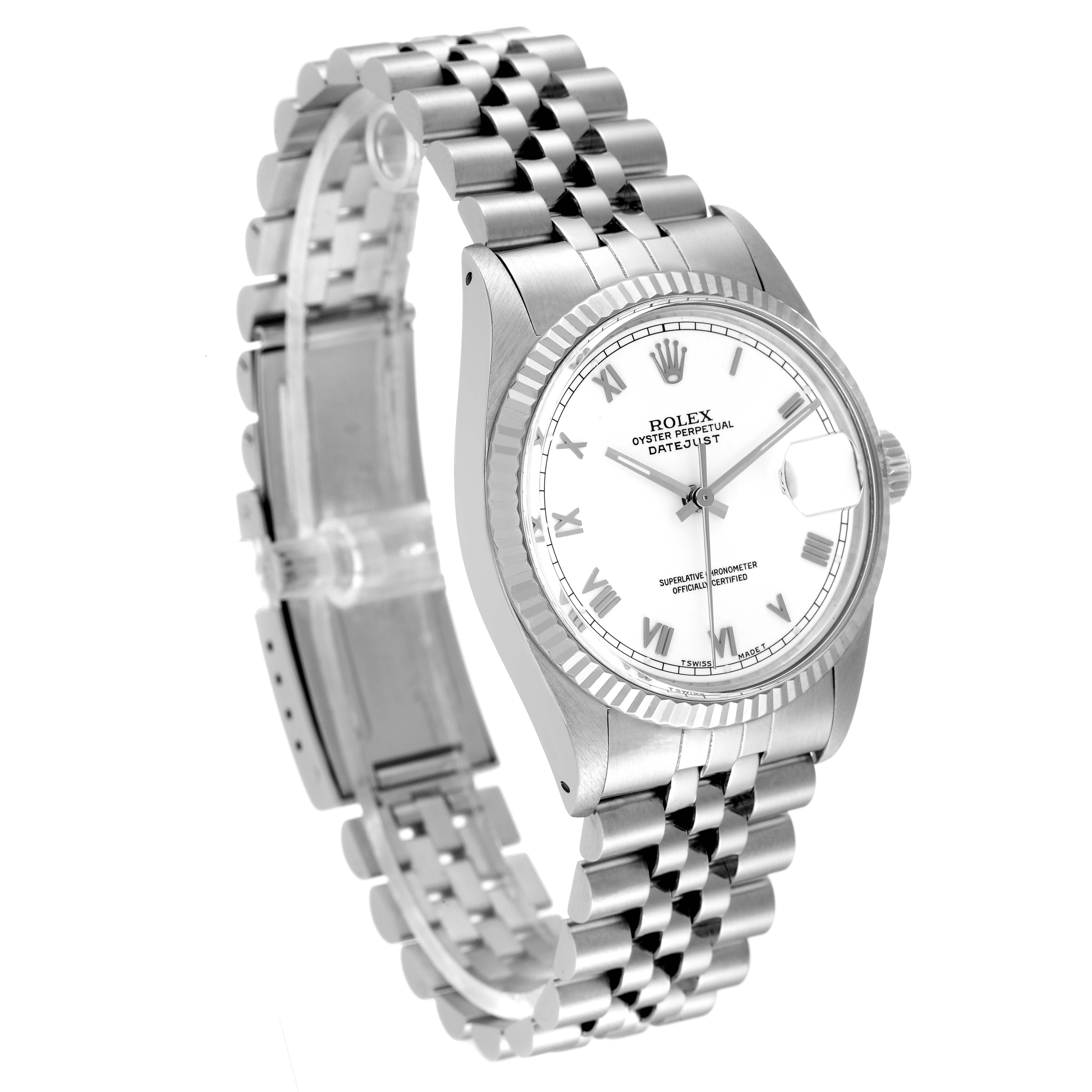 This image shows a side and partial frontal view of a Rolex Datejust 16014 Men's Stainless Steel White Dial 16014 Men's Stainless Steel White Dial watch, highlighting the face and Jubilee bracelet.