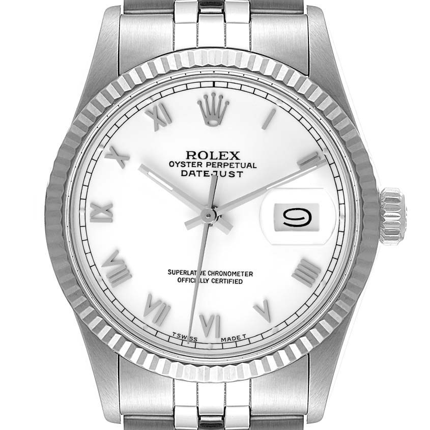 The image shows a front view of a Rolex Datejust 16014 Men's Stainless Steel White Dial 16014 Men's Stainless Steel White Dial watch, displaying the dial, bezel, crown, and bracelet.