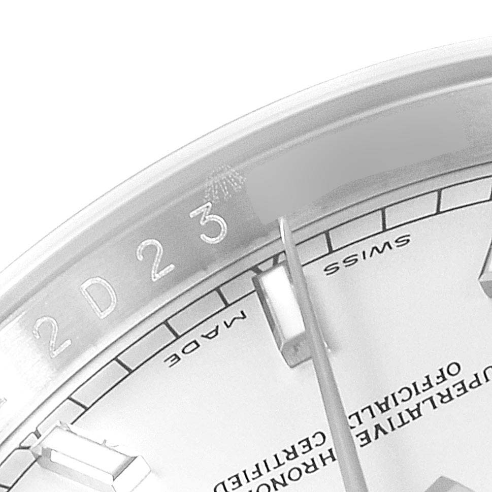 This image shows a close-up of the dial and indices of a Rolex Datejust 116234 Men's Stainless Steel Silver Dial 116234 Men's Stainless Steel Silver Dial watch, highlighting the "Swiss Made" text and part of the minute track.