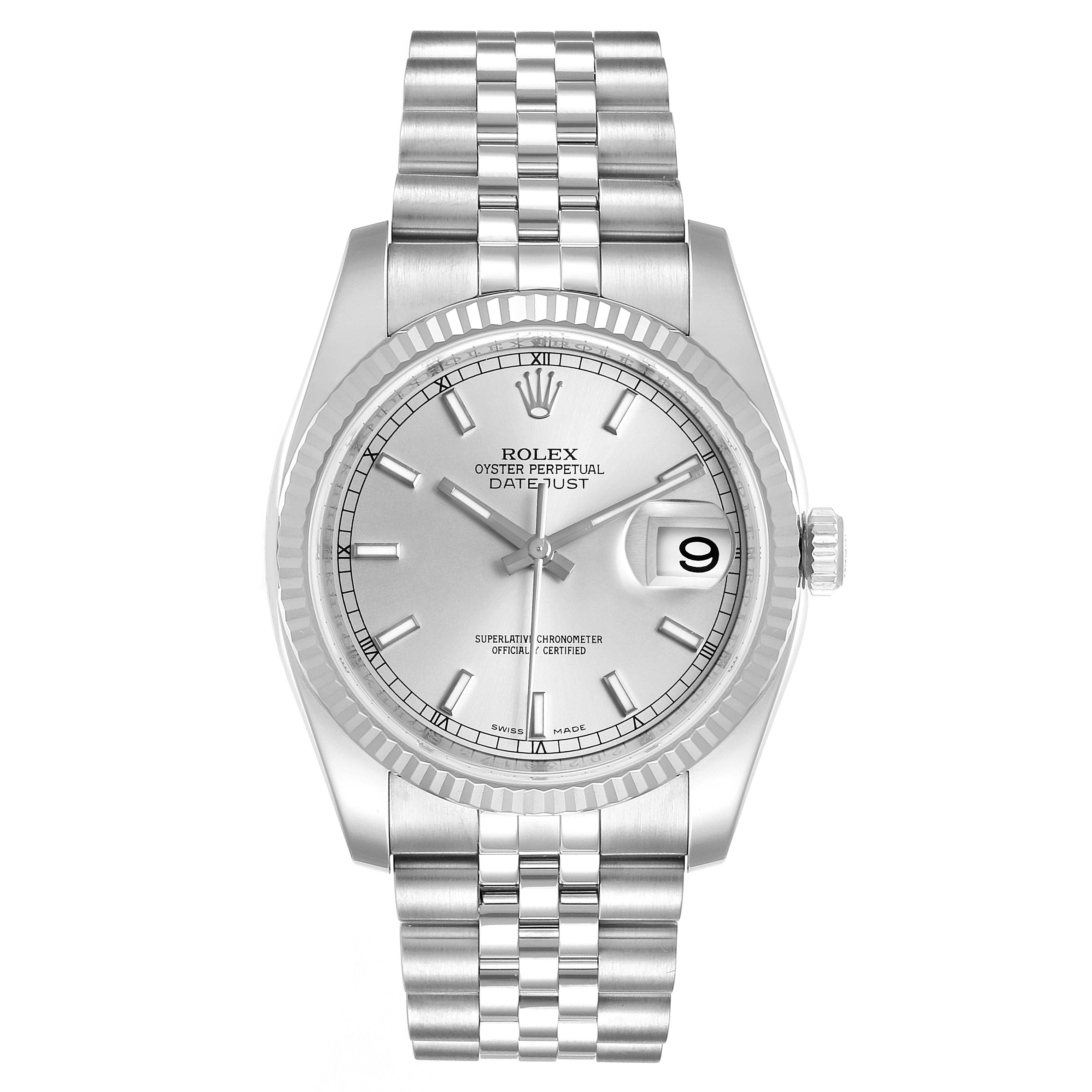 This image shows a front view of a Rolex Datejust 116234 Men's Stainless Steel Silver Dial 116234 Men's Stainless Steel Silver Dial watch, highlighting the face, bezel, crown, and bracelet.