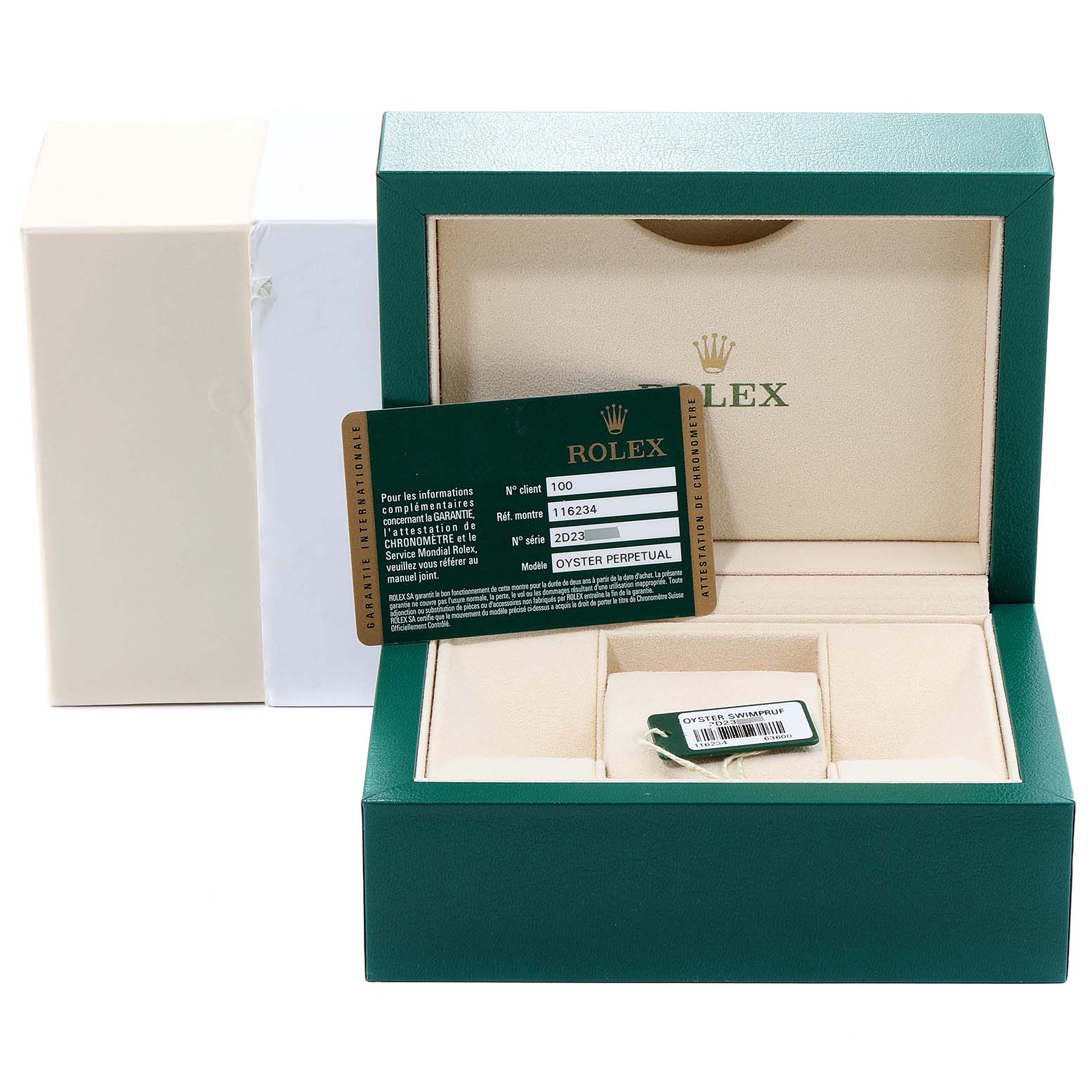 The image shows the open packaging box for a Rolex Datejust 116234 Men's Stainless Steel Silver Dial 116234 Men's Stainless Steel Silver Dial model, including a warranty card and tags.