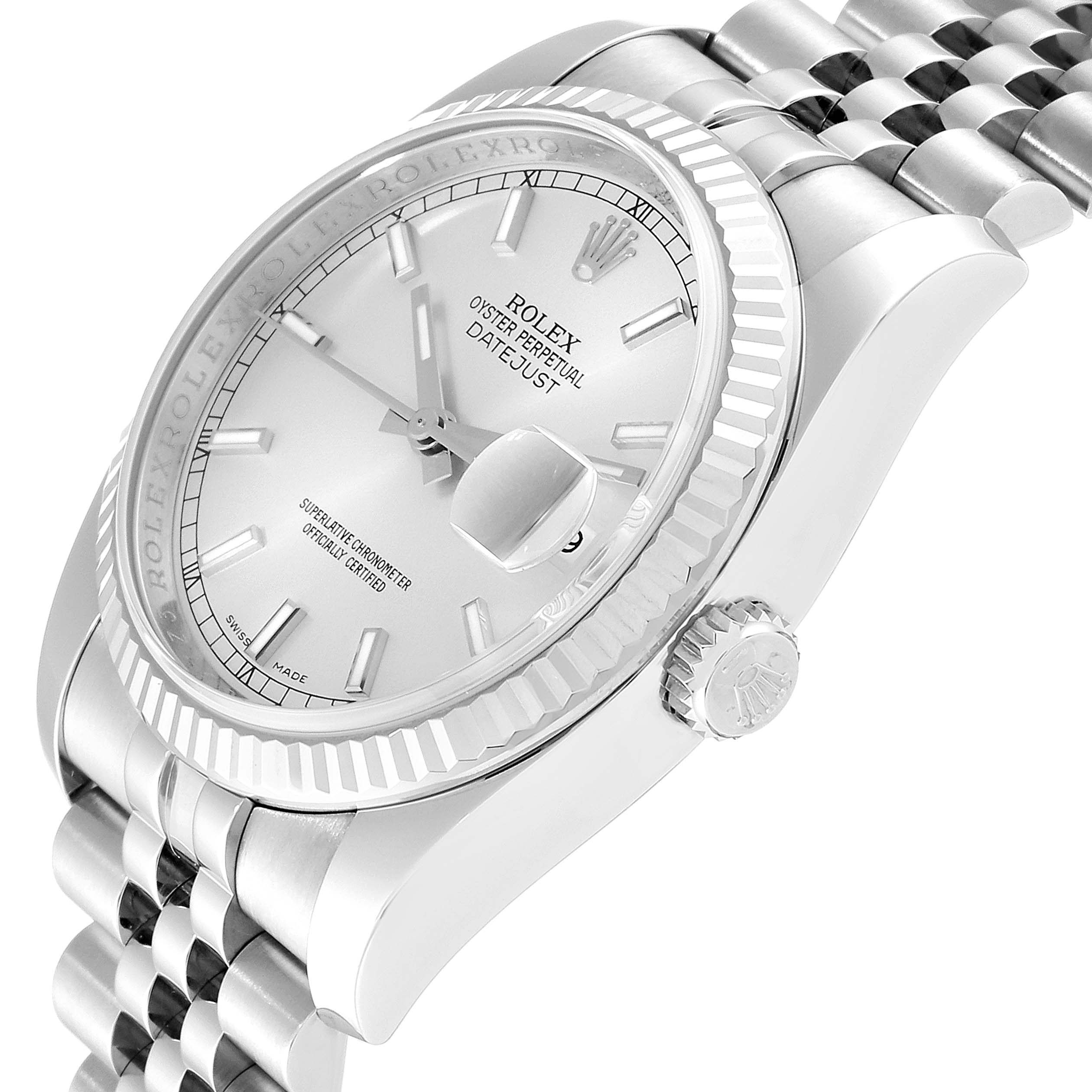 The image shows a close-up, angled view of the dial, bezel, crown, and bracelet of a Rolex Datejust 116234 Men's Stainless Steel Silver Dial 116234 Men's Stainless Steel Silver Dial watch.