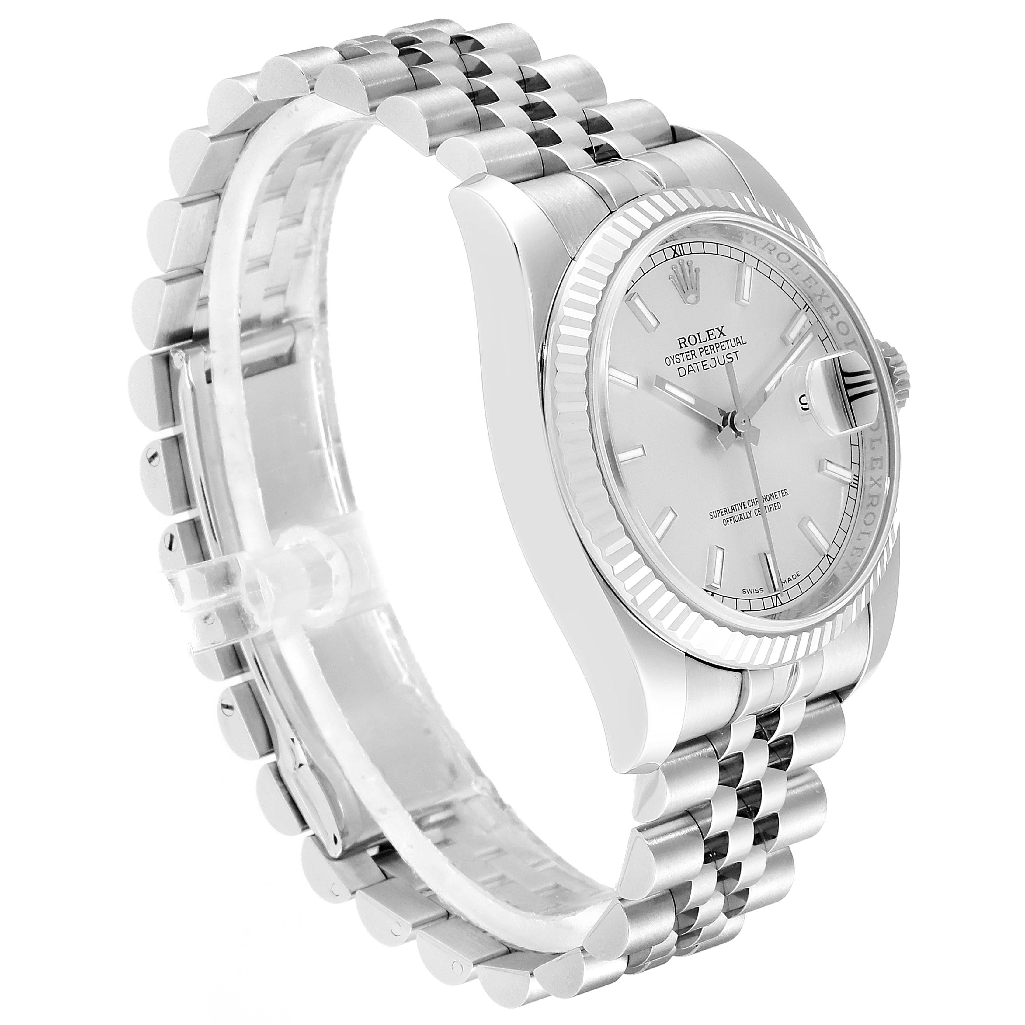The image shows a side angle of the Rolex Datejust 116234 Men's Stainless Steel Silver Dial 116234 Men's Stainless Steel Silver Dial watch, featuring the case, dial, crown, and jubilee bracelet.