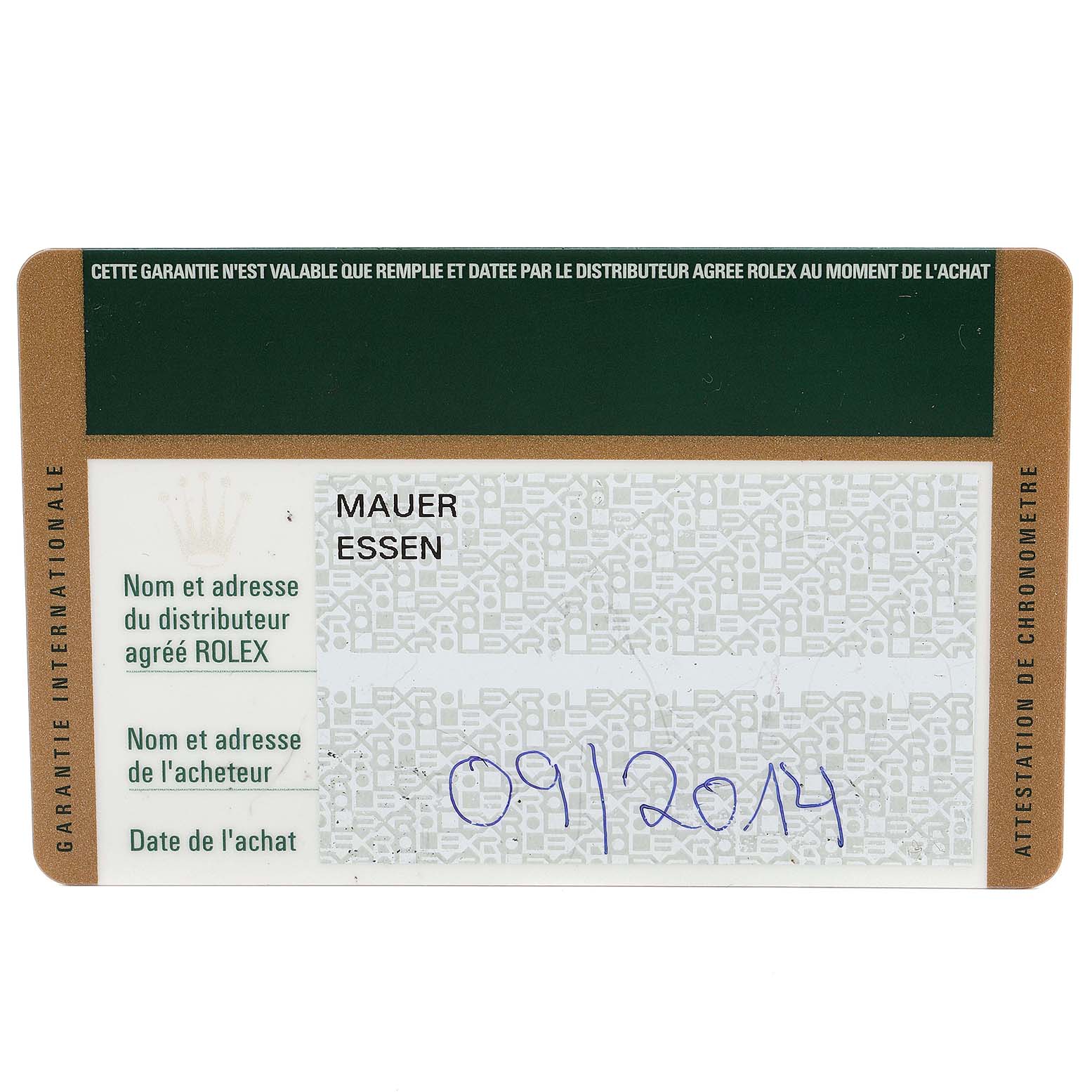 This is an image of the warranty card for a Rolex Datejust 116234 Men's Stainless Steel Silver Dial 116234 Men's Stainless Steel Silver Dial watch.