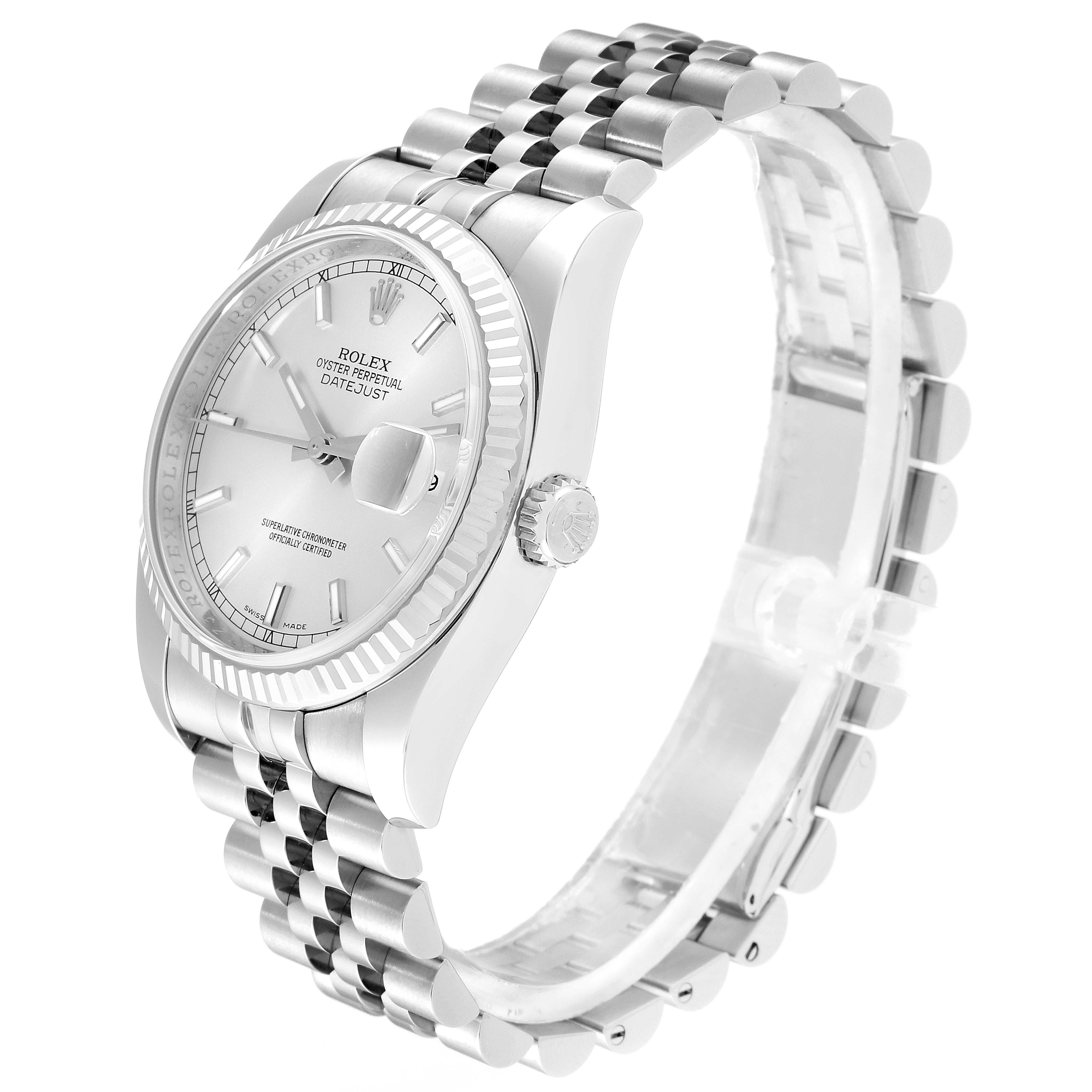 The Rolex Datejust 116234 Men's Stainless Steel Silver Dial 116234 Men's Stainless Steel Silver Dial watch is shown at an angle displaying the face, bezel, crown, and stainless steel jubilee bracelet.