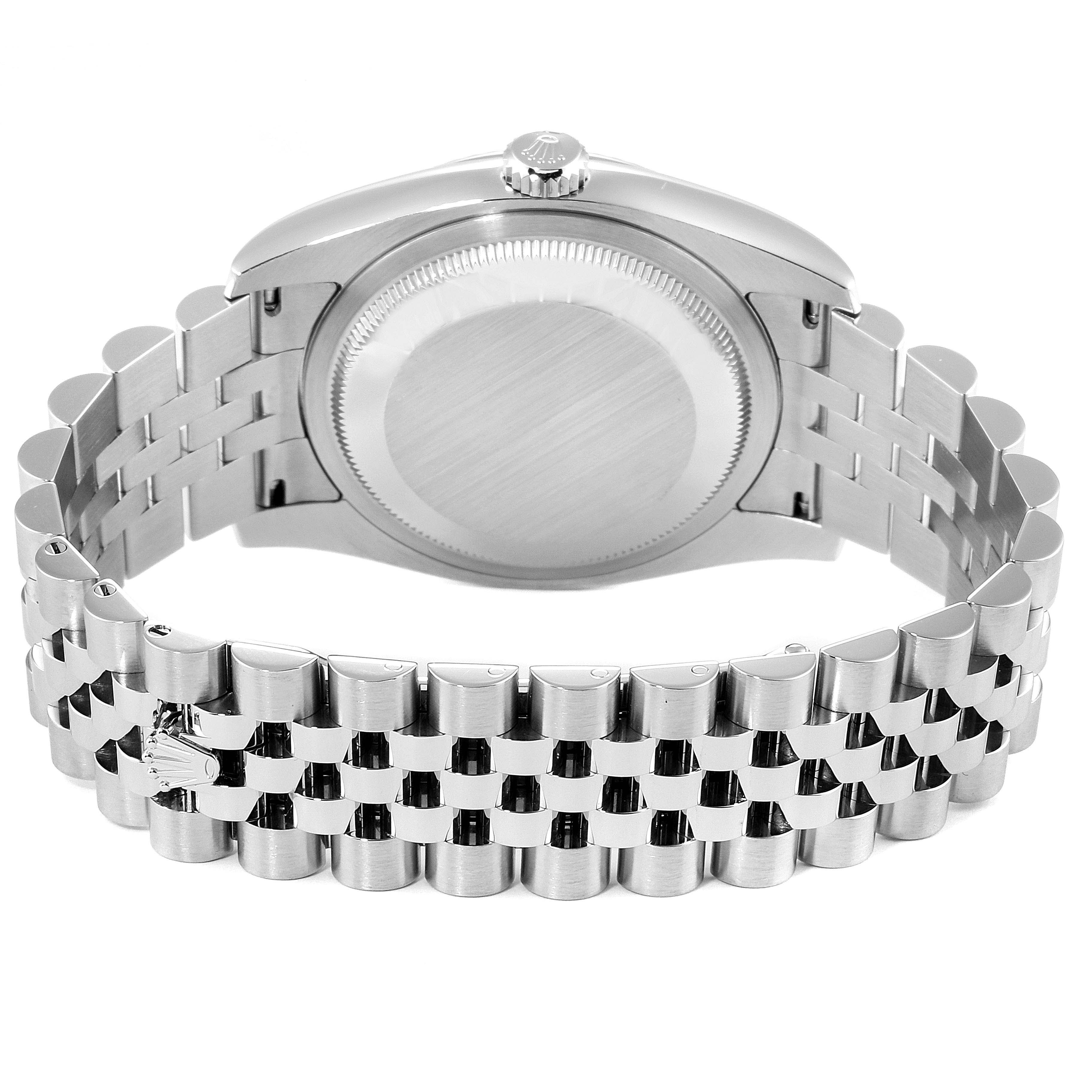 This image shows a Rolex Datejust 116234 Men's Stainless Steel Silver Dial 116234 Men's Stainless Steel Silver Dial watch from the back, highlighting the case back and Jubilee bracelet.