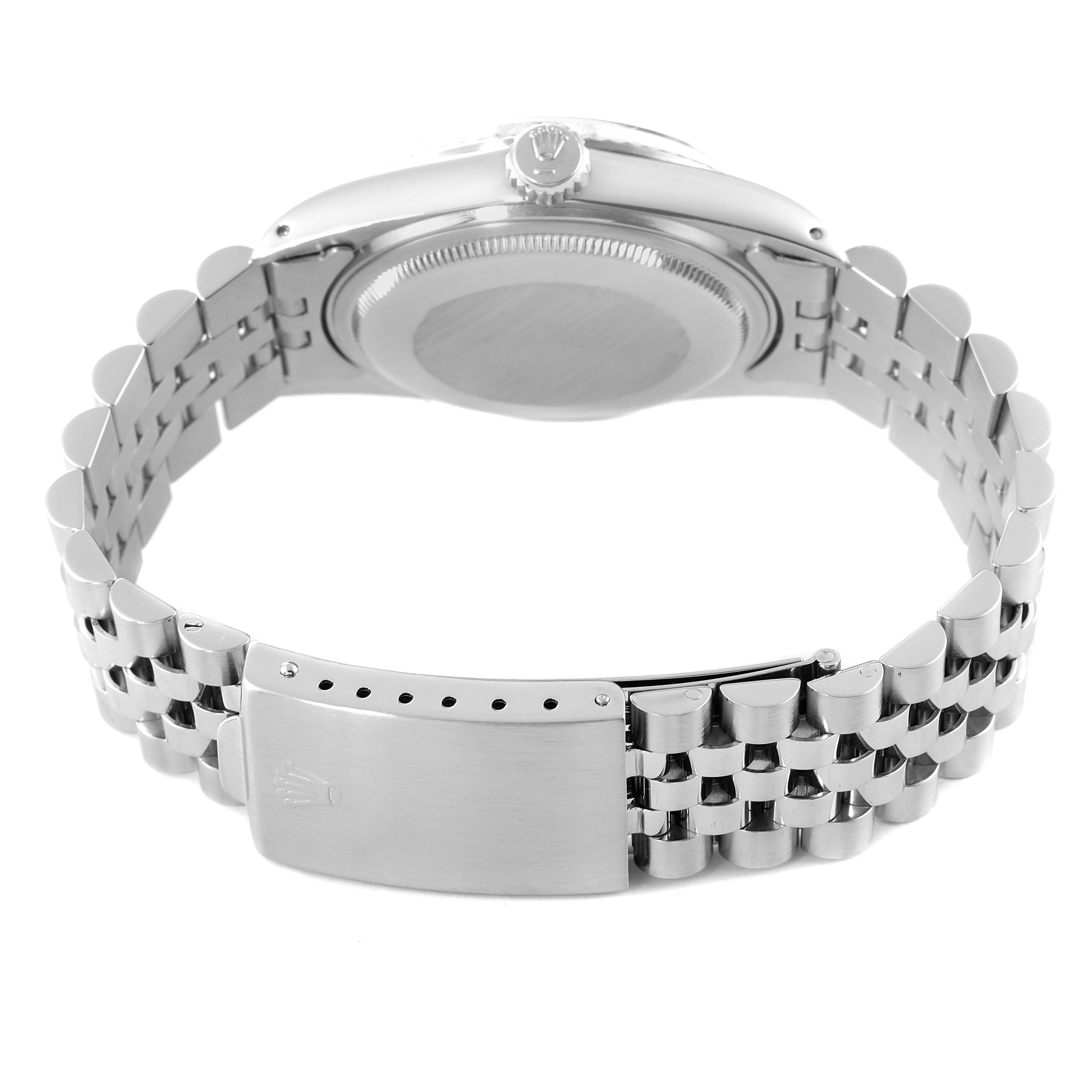 The Rolex Vintage Collection 16014 Men's Stainless Steel Silver Dial 16014 Men's Stainless Steel Silver Dial watch is shown from the back, featuring the case back and metal bracelet with a visible clasp.