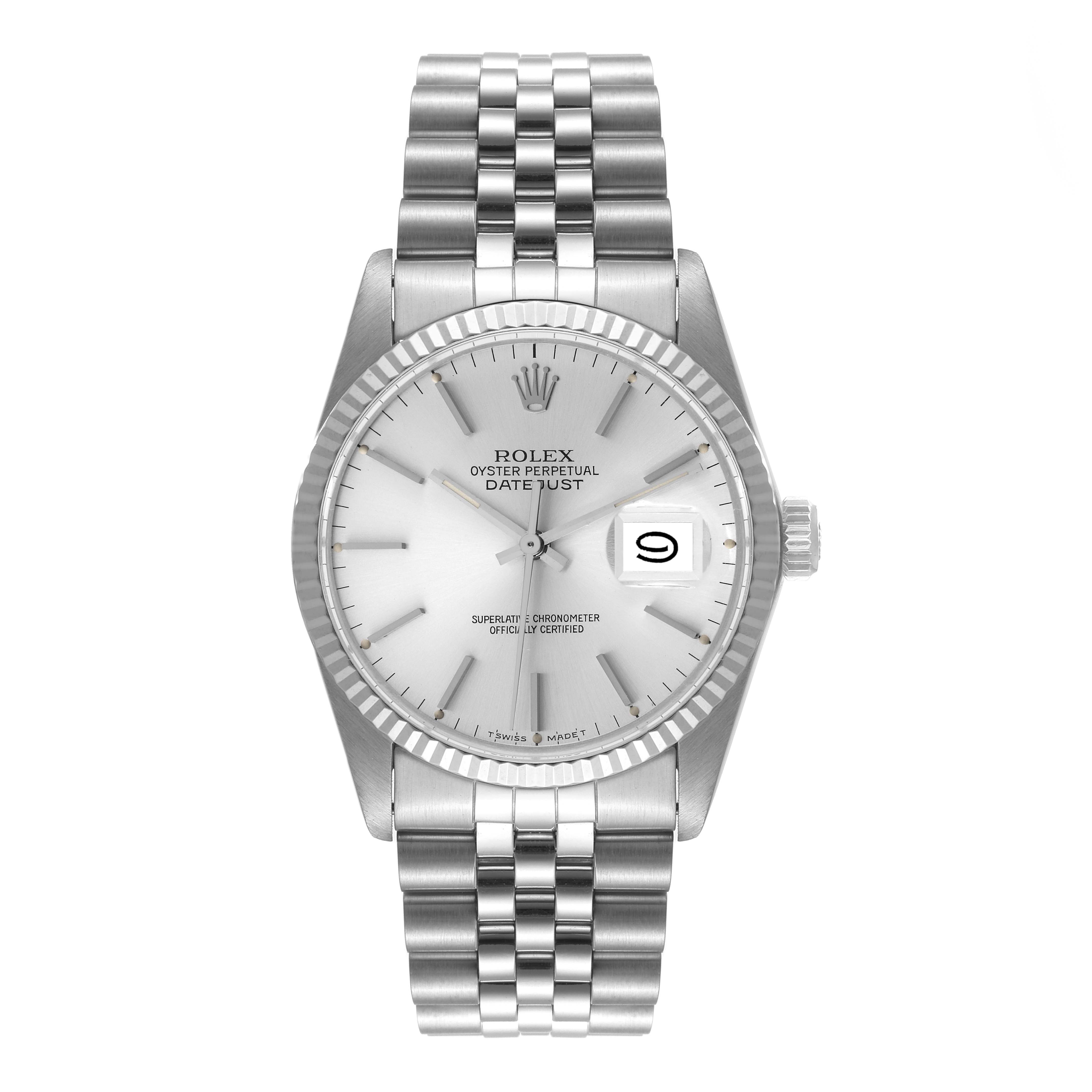 The image shows a Rolex Vintage Collection 16014 Men's Stainless Steel Silver Dial 16014 Men's Stainless Steel Silver Dial Oyster Perpetual Datejust watch from a front angle, displaying the full bracelet and face.