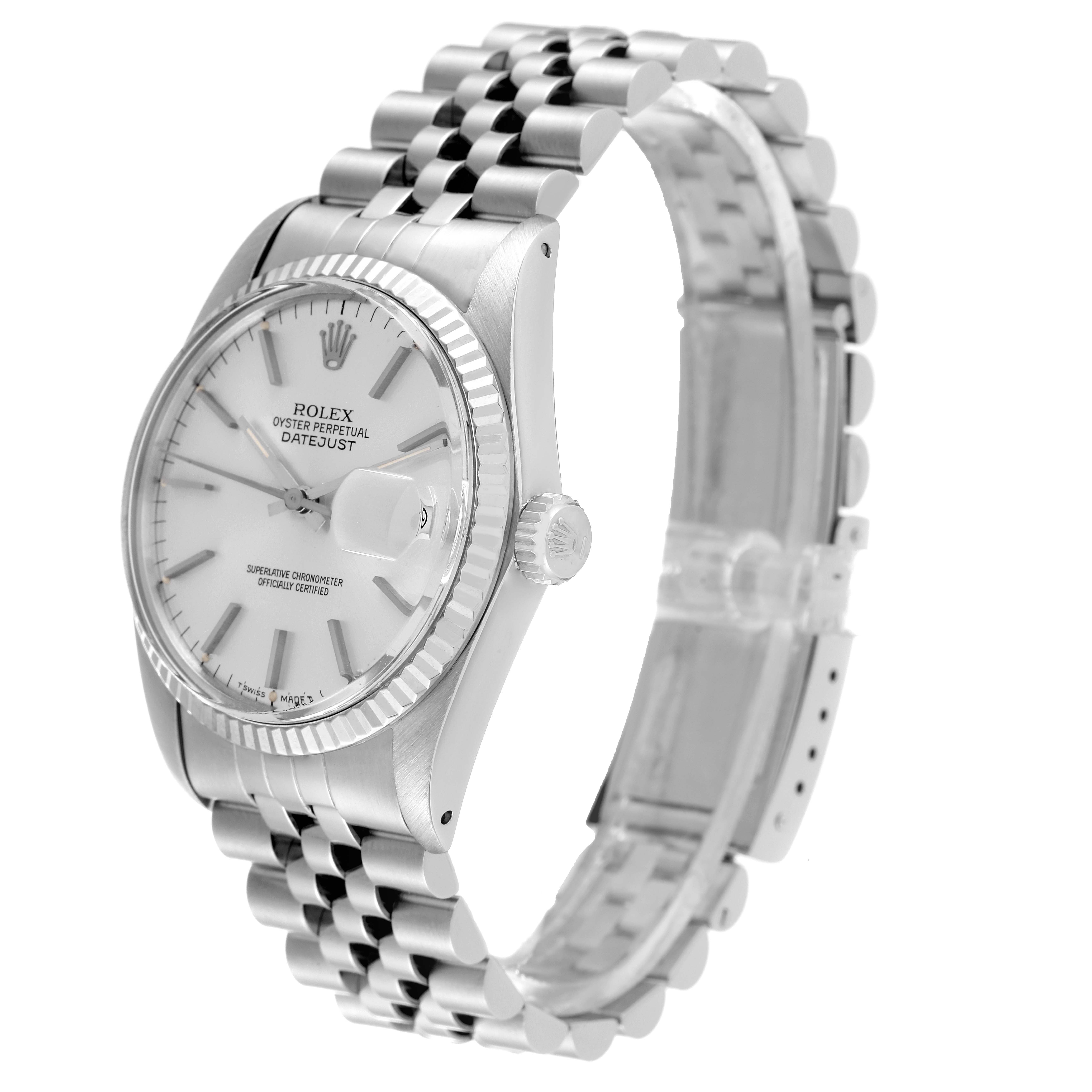 The image shows a side angle of a Rolex Vintage Collection 16014 Men's Stainless Steel Silver Dial 16014 Men's Stainless Steel Silver Dial Oyster Perpetual Datejust watch, highlighting its face, bezel, and bracelet.