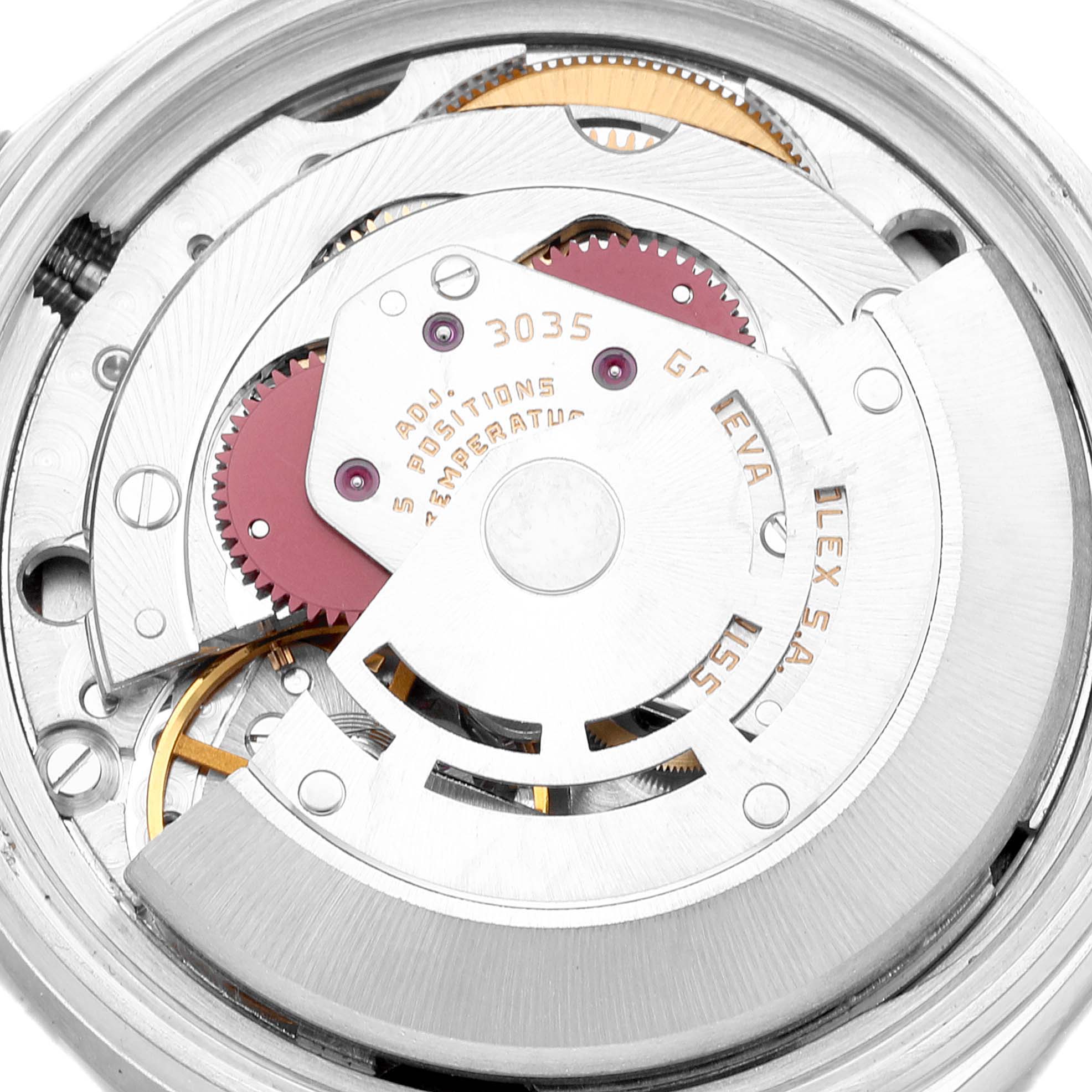 The image shows the intricate internal mechanism of a Rolex Vintage Collection 16014 Men's Stainless Steel Silver Dial 16014 Men's Stainless Steel Silver Dial model's movement, viewed from the back.