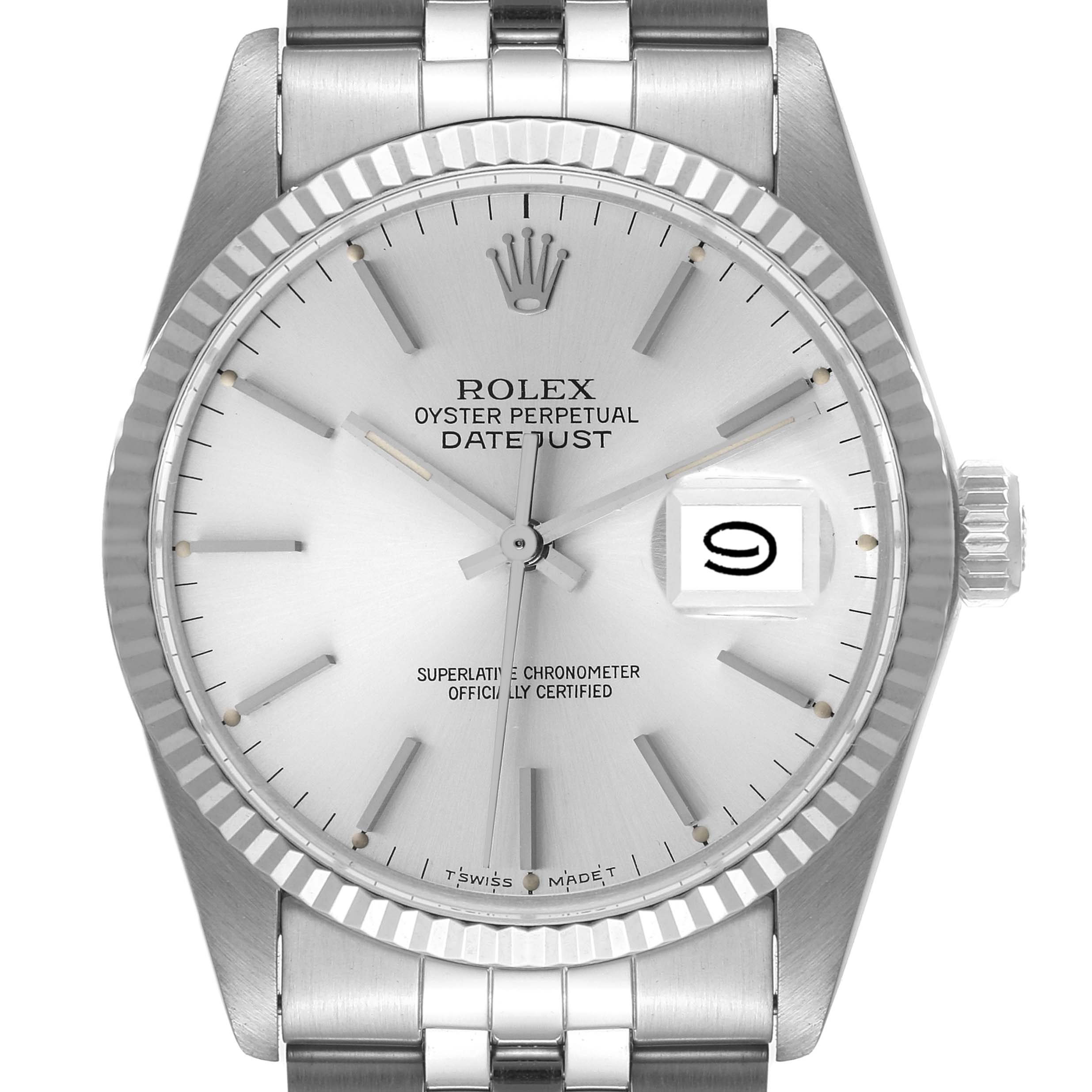 The image shows a front view of a Rolex Vintage Collection 16014 Men's Stainless Steel Silver Dial 16014 Men's Stainless Steel Silver Dial Oyster Perpetual Datejust watch, displaying its dial, bezel, and bracelet.