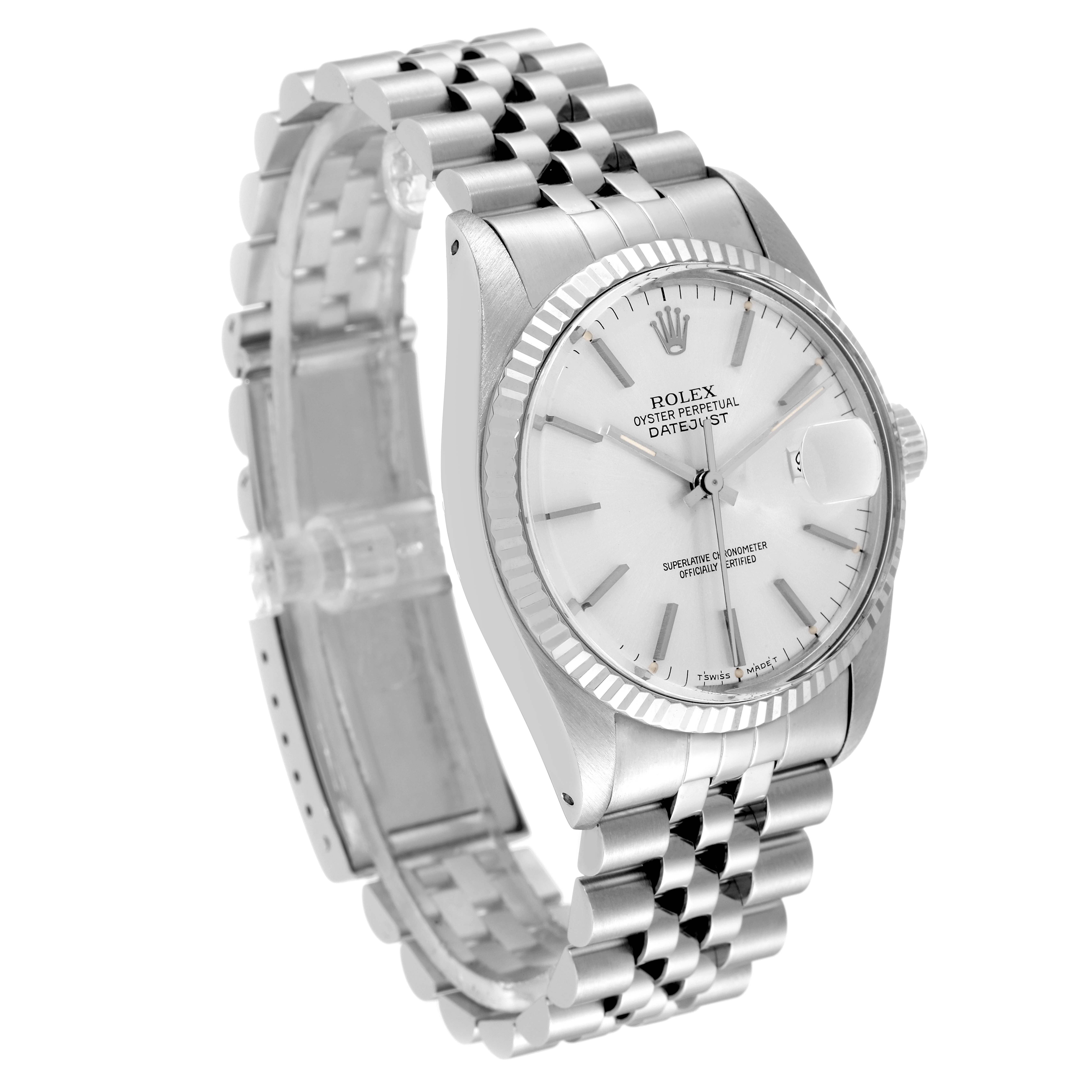 The image shows a Rolex Vintage Collection 16014 Men's Stainless Steel Silver Dial 16014 Men's Stainless Steel Silver Dial Datejust watch, featuring a Jubilee bracelet and a clear view of the dial from an angled perspective.