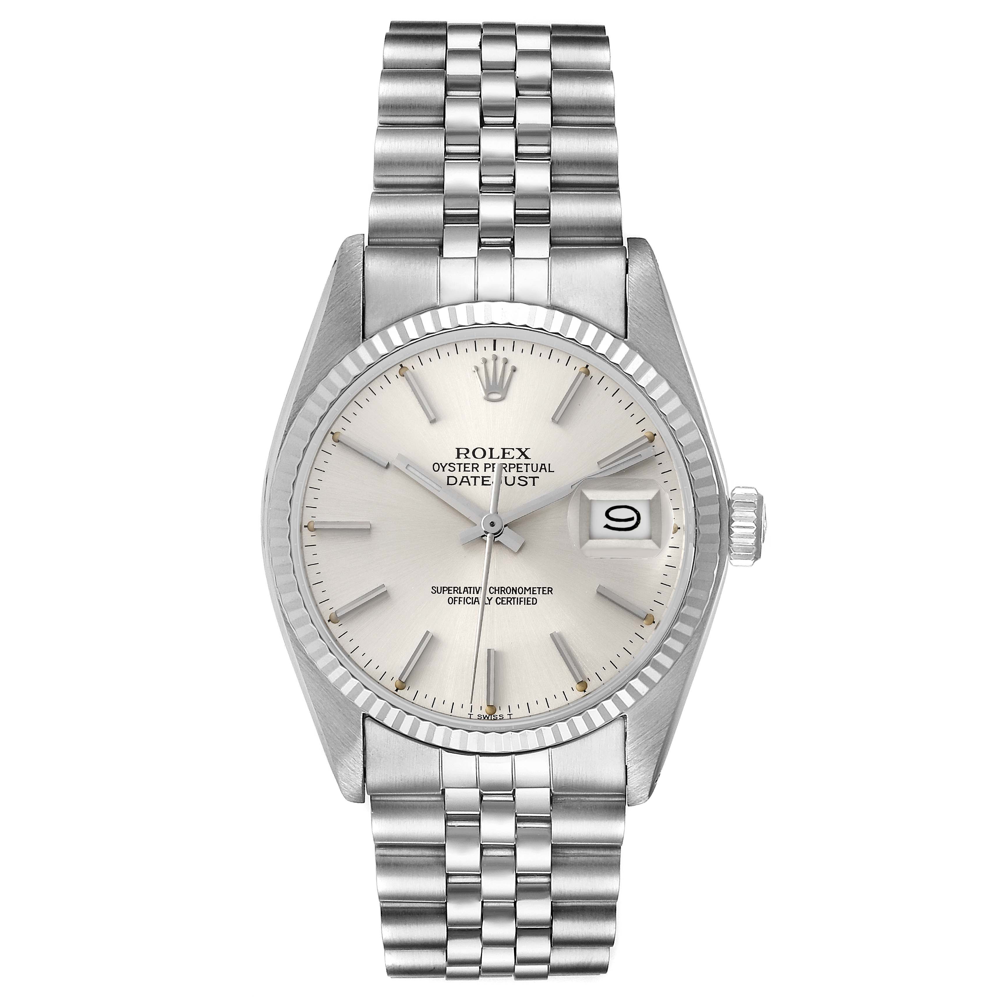 The Rolex Vintage Collection 16014 Men's Stainless Steel Silver Dial 16014 Men's Stainless Steel Silver Dial model watch is shown from a top view, displaying its face, bracelet, and crown.