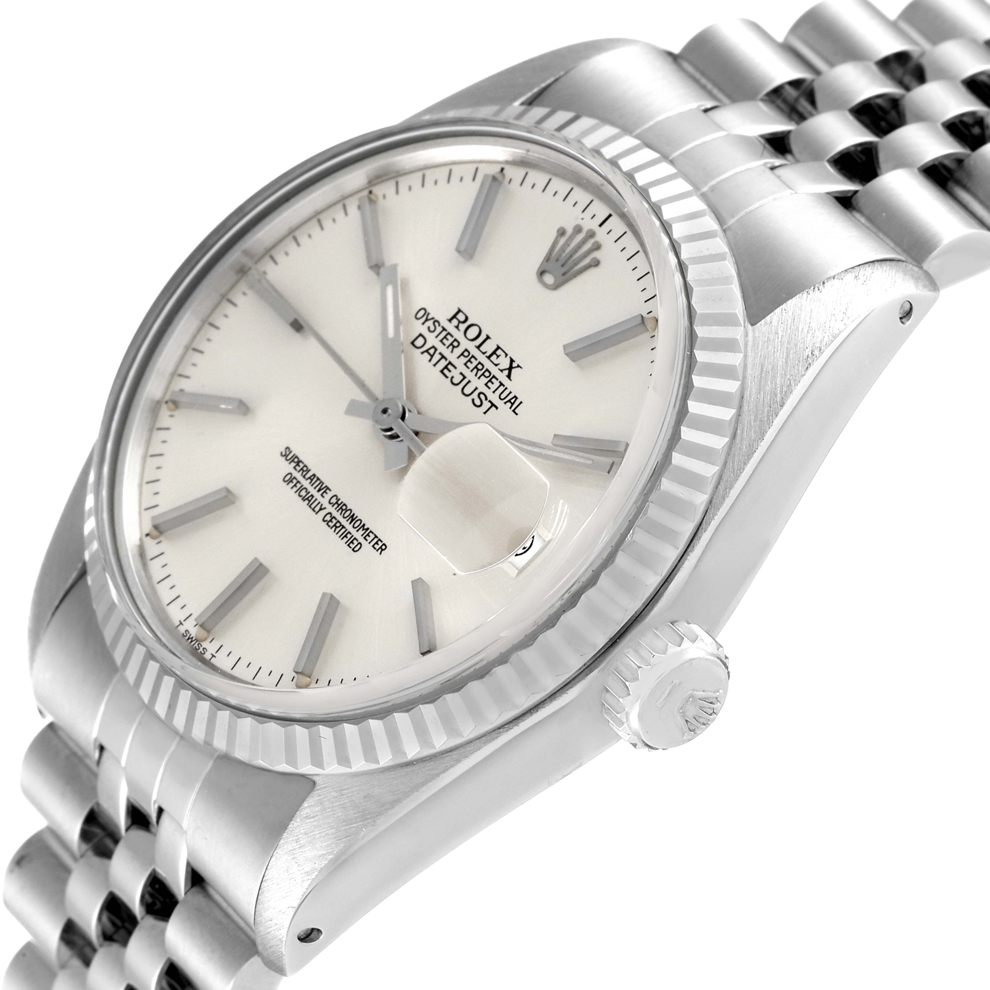 This image shows an angled side view of the Rolex Vintage Collection 16014 Men's Stainless Steel Silver Dial 16014 Men's Stainless Steel Silver Dial Oyster Perpetual Datejust, highlighting the dial, bezel, and bracelet.