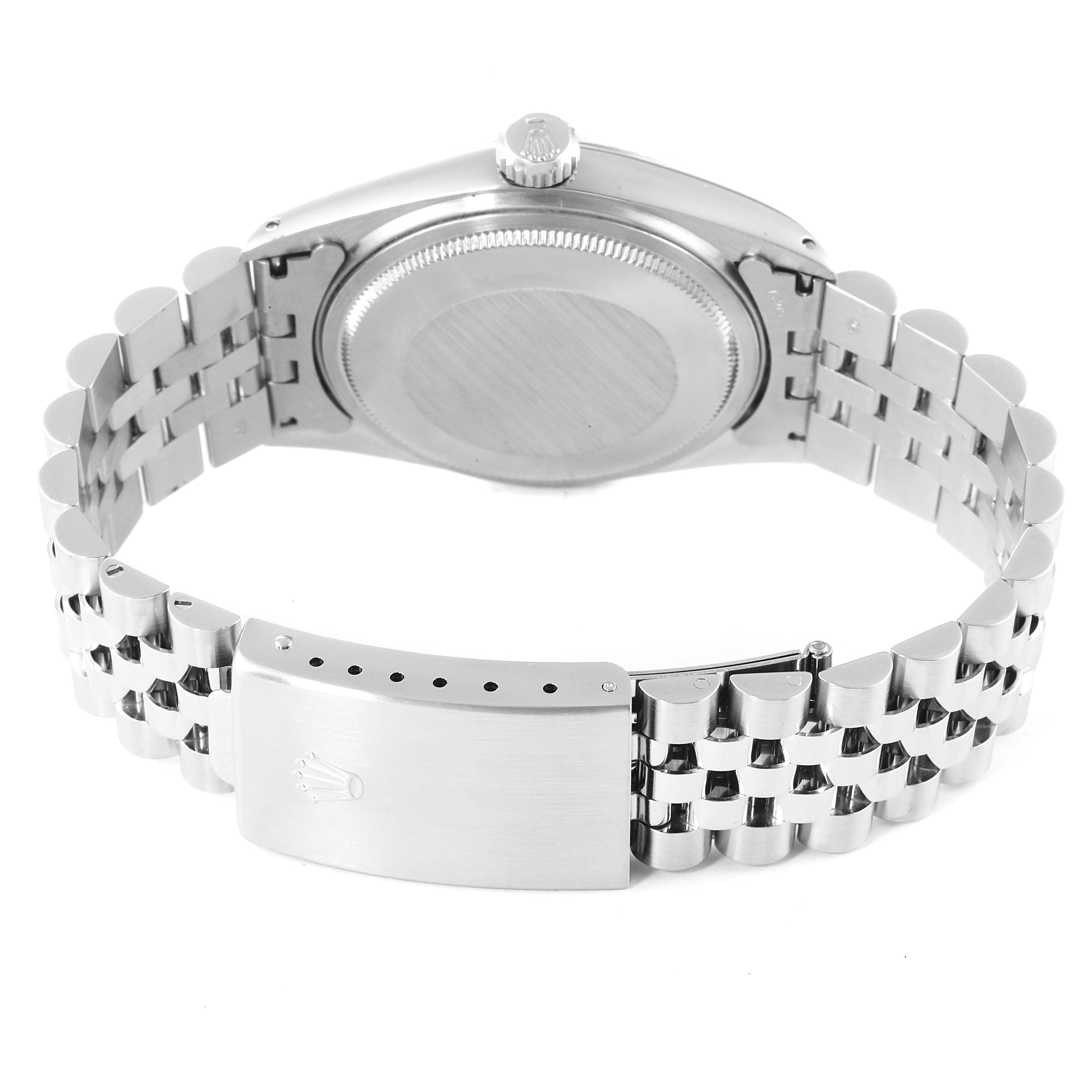 This image shows the backside and bracelet of a Rolex Vintage Collection 16014 Men's Stainless Steel Silver Dial 16014 Men's Stainless Steel Silver Dial model watch, highlighting the clasp and crown.