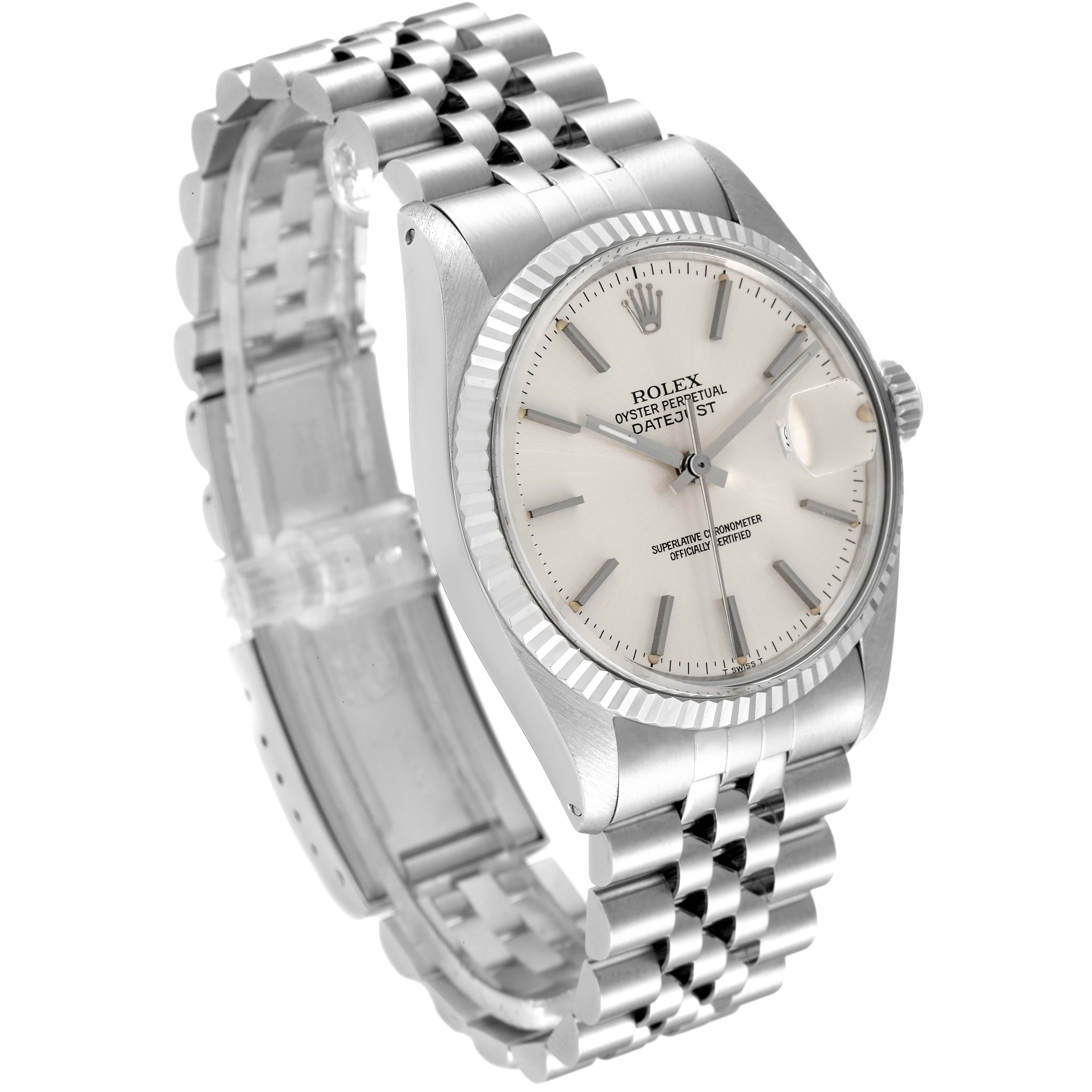 The Rolex Vintage Collection 16014 Men's Stainless Steel Silver Dial 16014 Men's Stainless Steel Silver Dial watch is shown from a side angle, highlighting the face, bezel, and bracelet.