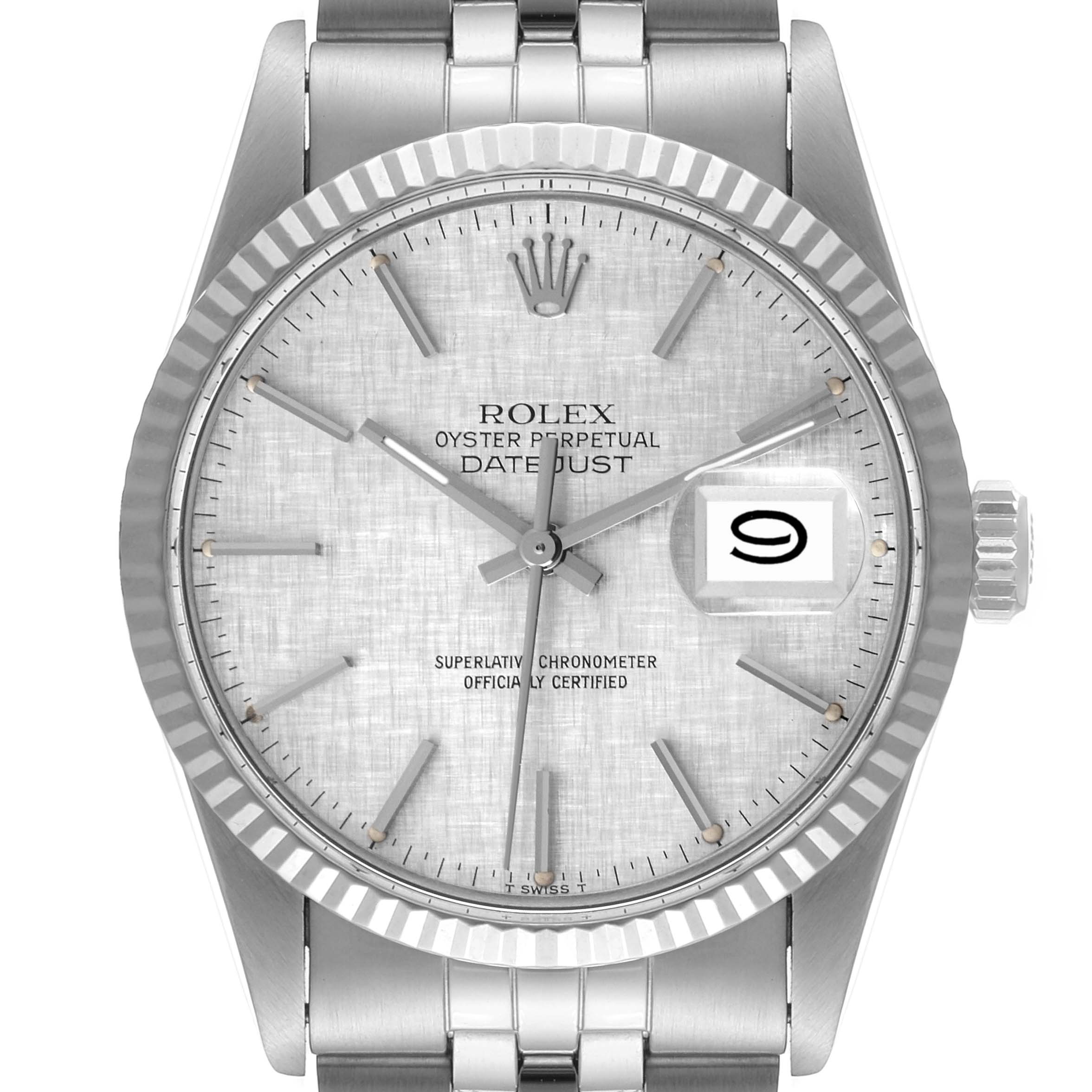 The Rolex Datejust 16014 Men
s Stainless Steel Silver Dial 16014 Men
s Stainless Steel Silver Dial watch is shown from a front angle displaying the dial, hour markers, and bracelet.