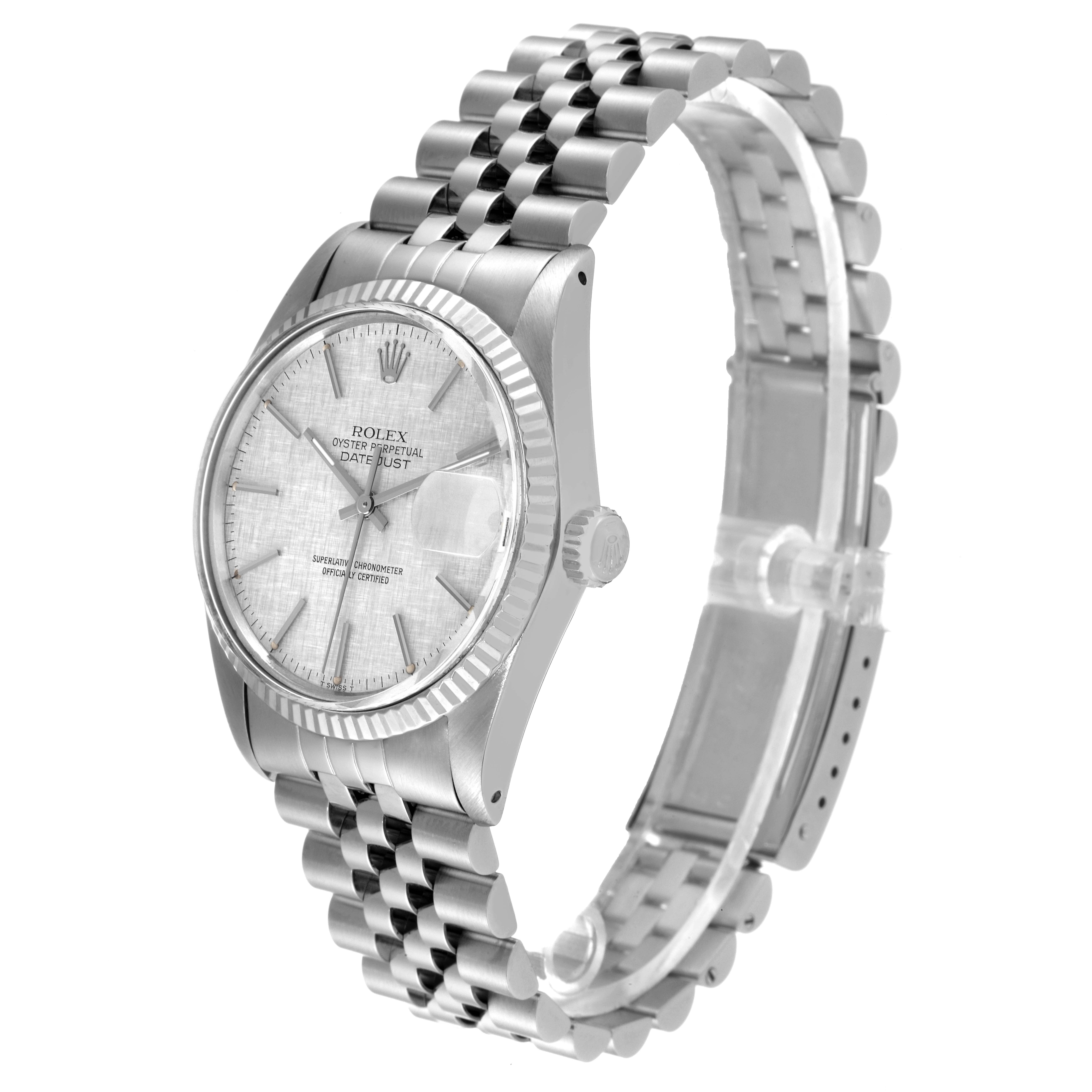 This image shows a Rolex Datejust 16014 Men
s Stainless Steel Silver Dial 16014 Men
s Stainless Steel Silver Dial watch, including the face, case, crown, and Jubilee bracelet, at a three-quarter angle.