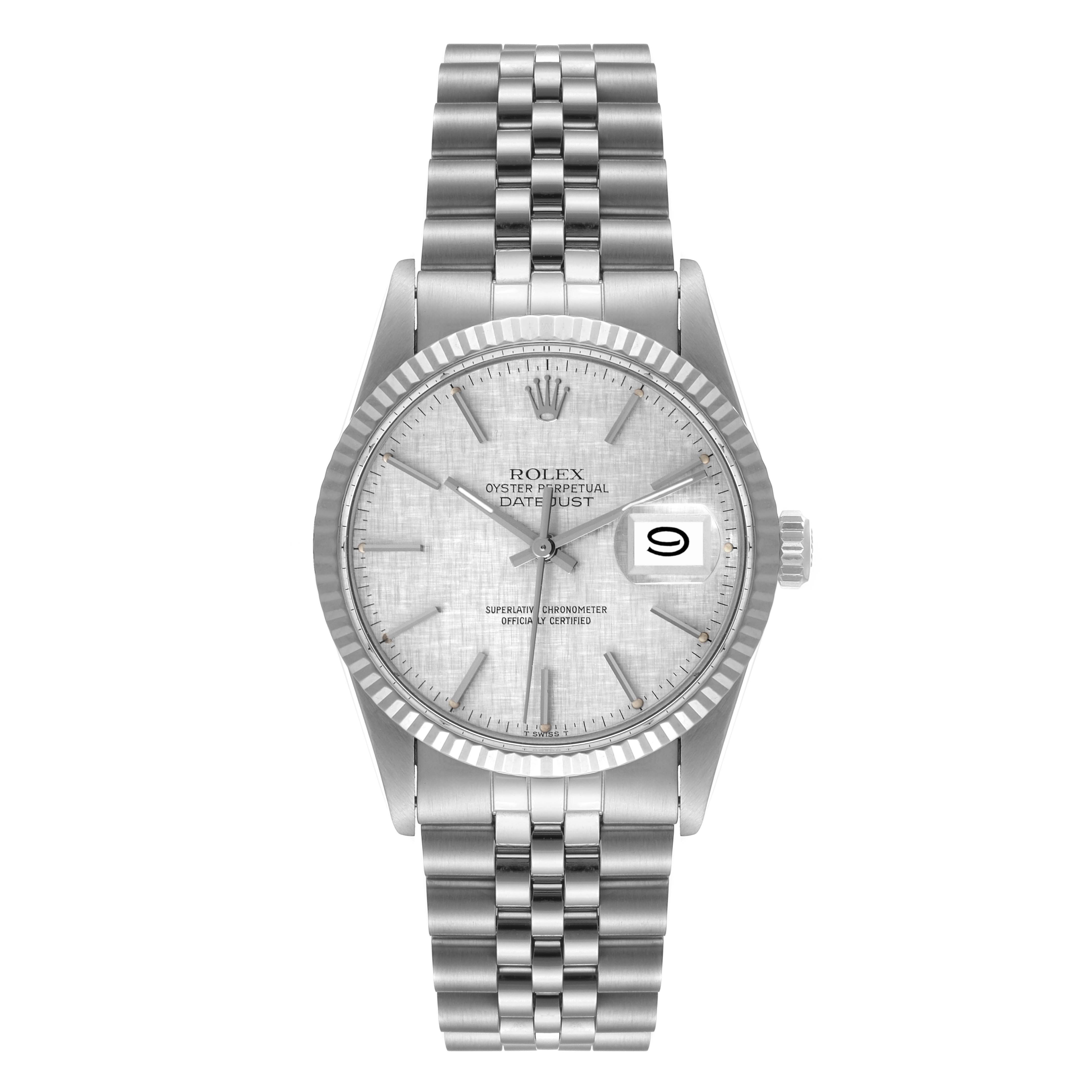 The image shows a front view of a Rolex Datejust 16014 Men
s Stainless Steel Silver Dial 16014 Men
s Stainless Steel Silver Dial watch, highlighting the dial, bezel, bracelet, and date window.