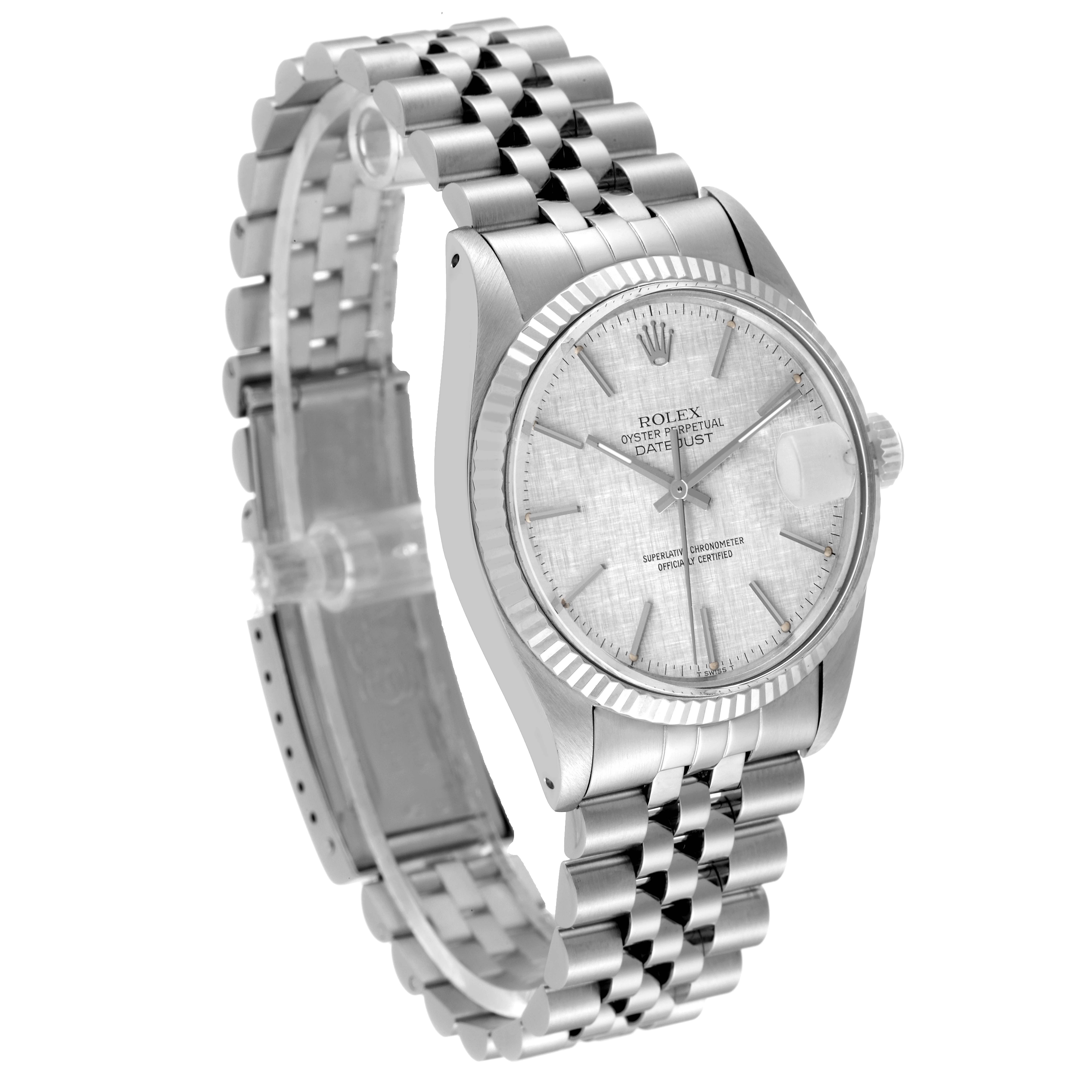 The Rolex Datejust 16014 Men
s Stainless Steel Silver Dial 16014 Men
s Stainless Steel Silver Dial watch is shown at a three-quarter angle, displaying its face, case, bracelet, and partially open clasp.