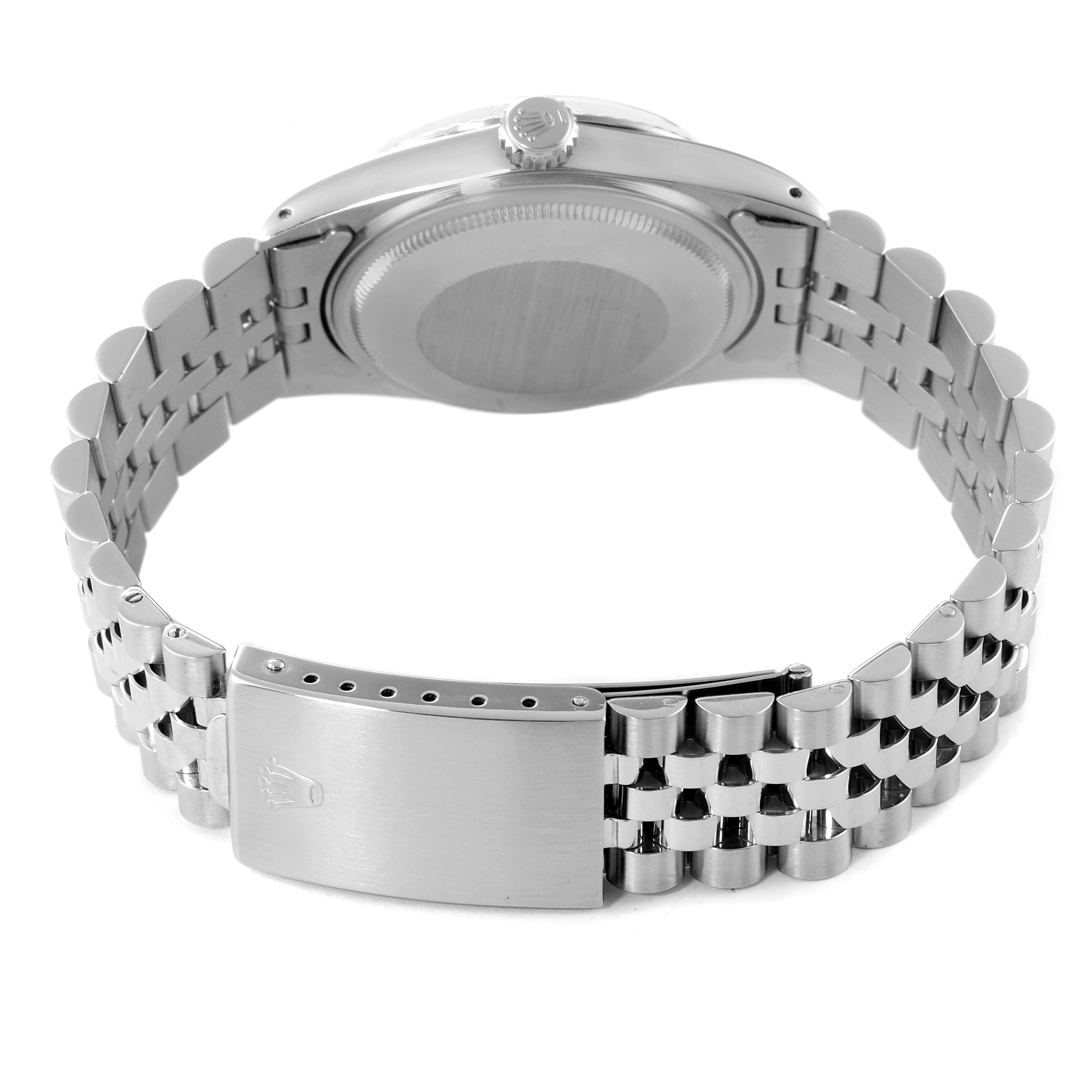 This image shows the back of the Rolex Datejust 16014 Men
s Stainless Steel Silver Dial 16014 Men
s Stainless Steel Silver Dial watch, focusing on the case back, crown, and the bracelet with the clasp.