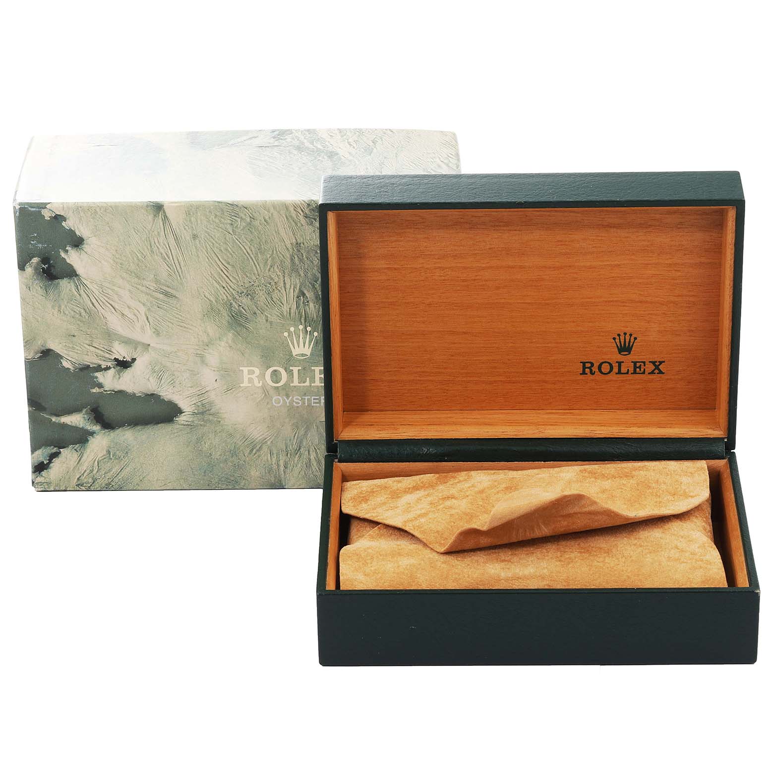 The image shows the box and packaging for a Rolex Datejust 16014 Men
s Stainless Steel Silver Dial 16014 Men
s Stainless Steel Silver Dial watch, including an open wooden box and an outer marble-patterned box.