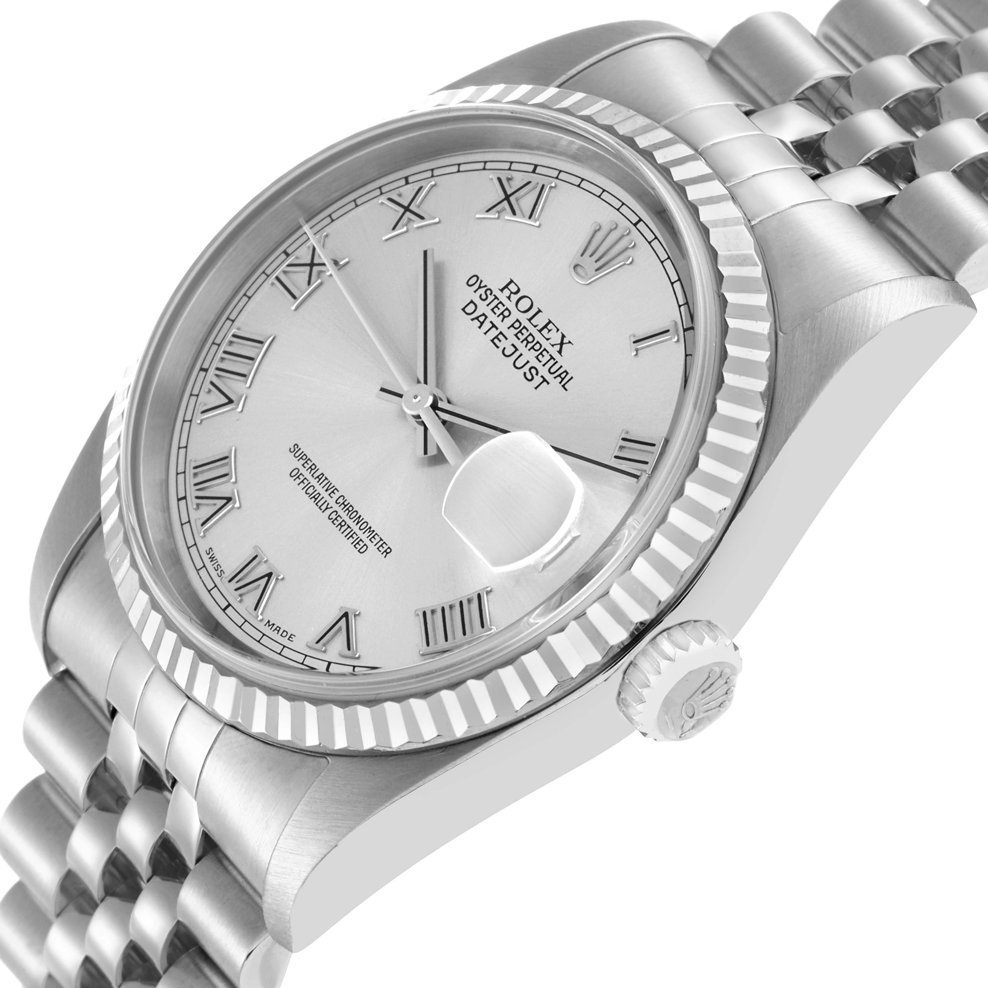 The Rolex Datejust 16234 Men
s Stainless Steel Silver Dial watch is shown at a slight angle, highlighting the face, fluted bezel, crown, and part of the Jubilee bracelet.