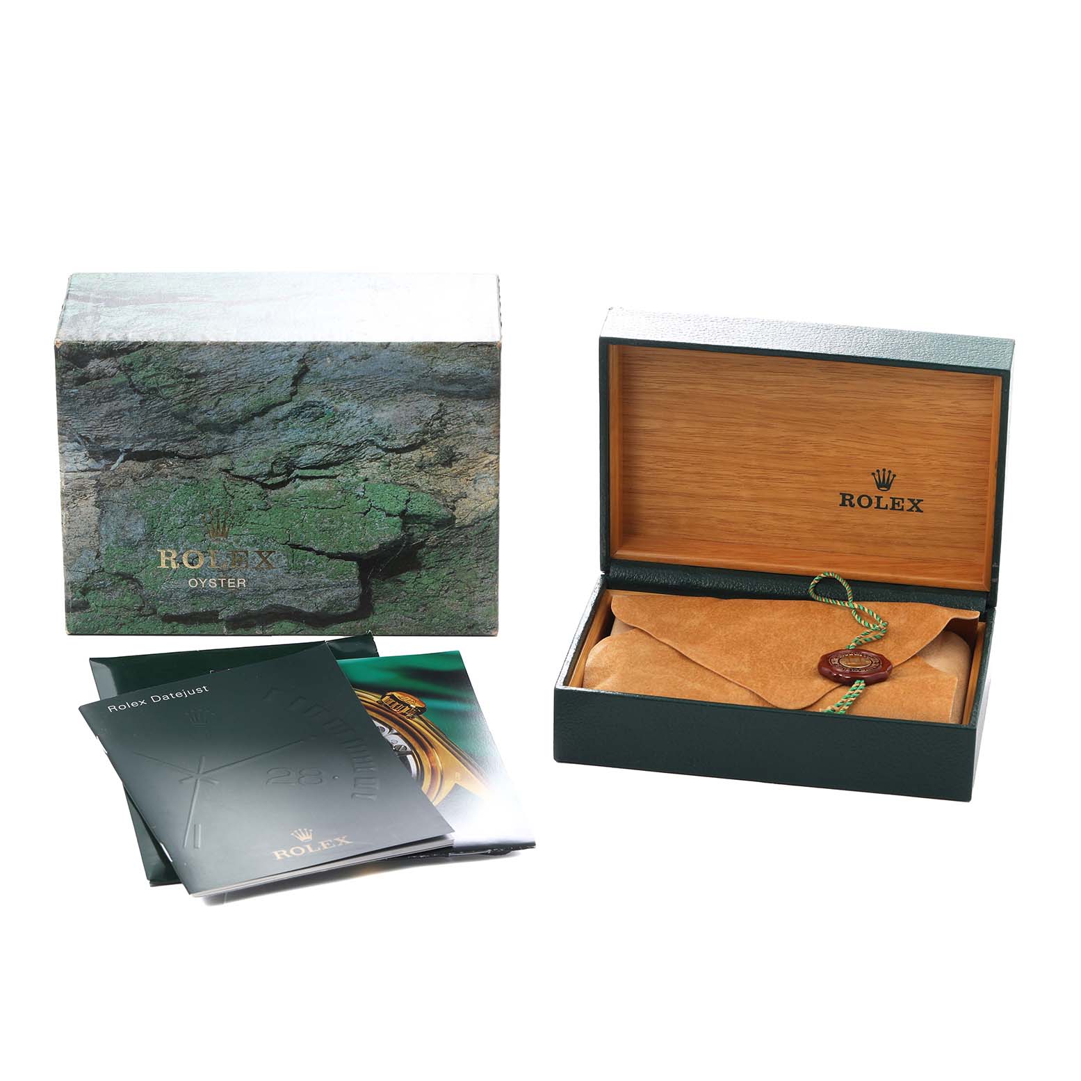 The image shows a Rolex Datejust 16234 Men
s Stainless Steel Silver Dial packaging set with the box, outer box, manuals, and a tag.