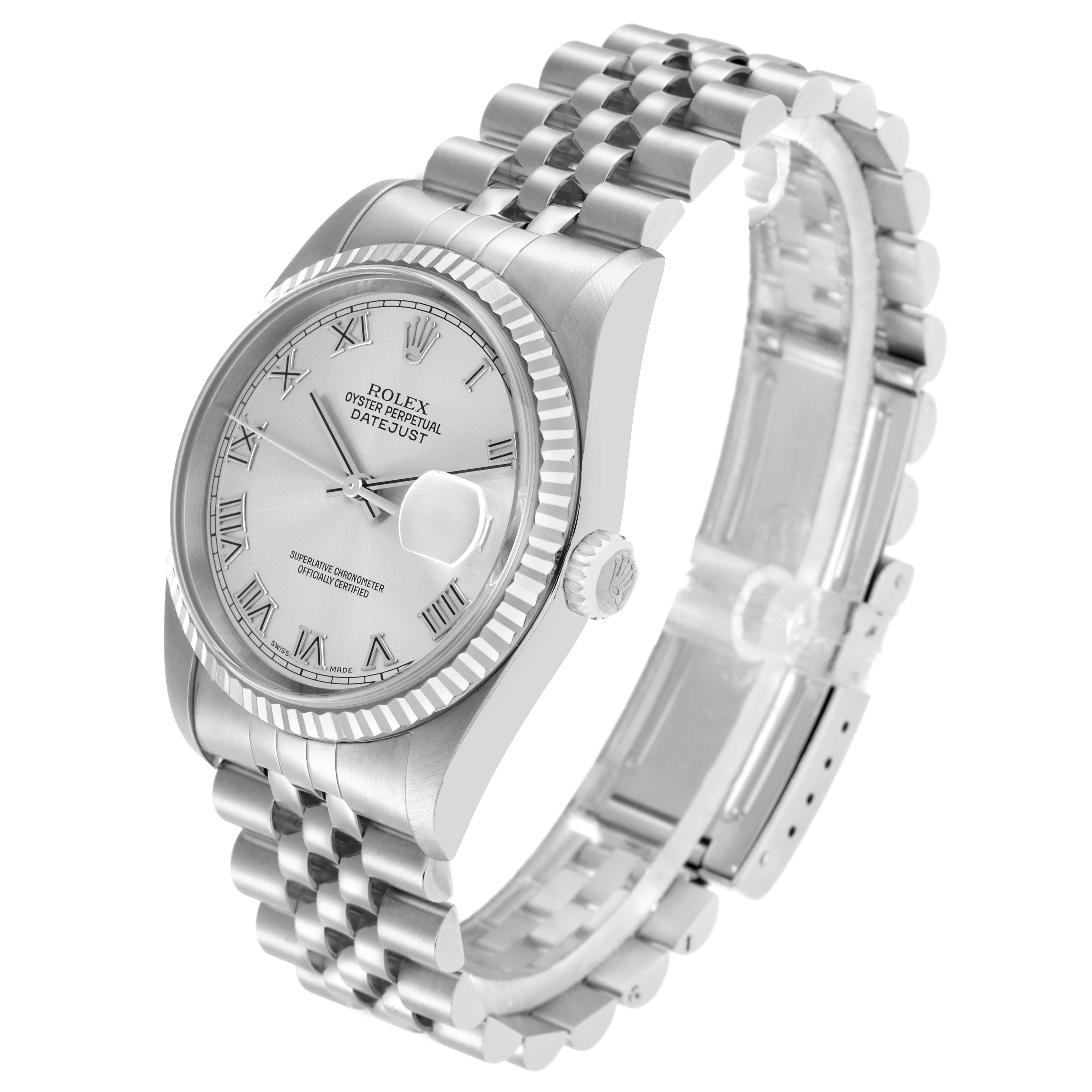 The Rolex Datejust 16234 Men
s Stainless Steel Silver Dial watch is shown at an angled side view, highlighting the dial, bezel, and Jubilee bracelet.