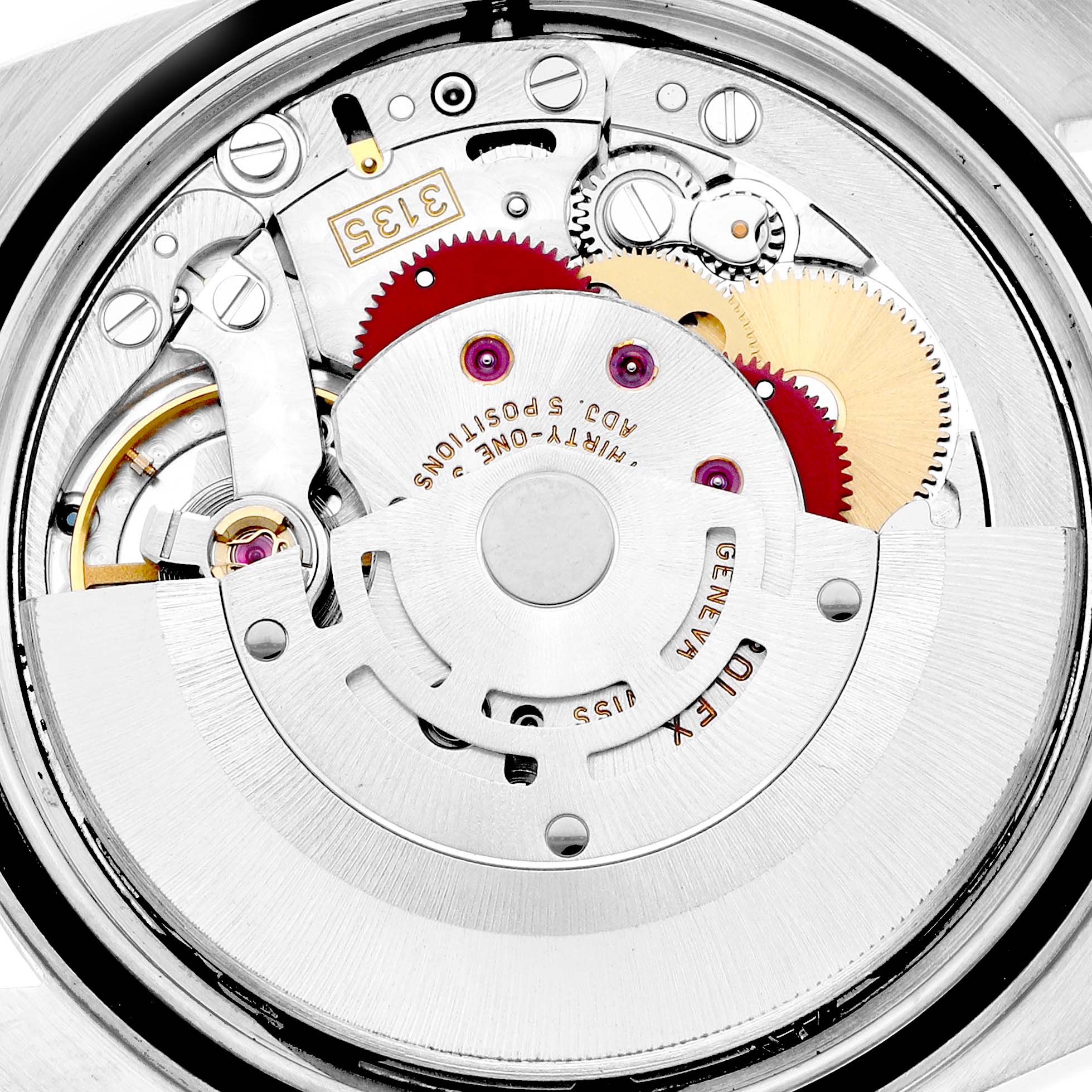The image shows the internal mechanism of a Rolex Datejust 16234 Men
s Stainless Steel Silver Dial watch, highlighting gears and the rotor.