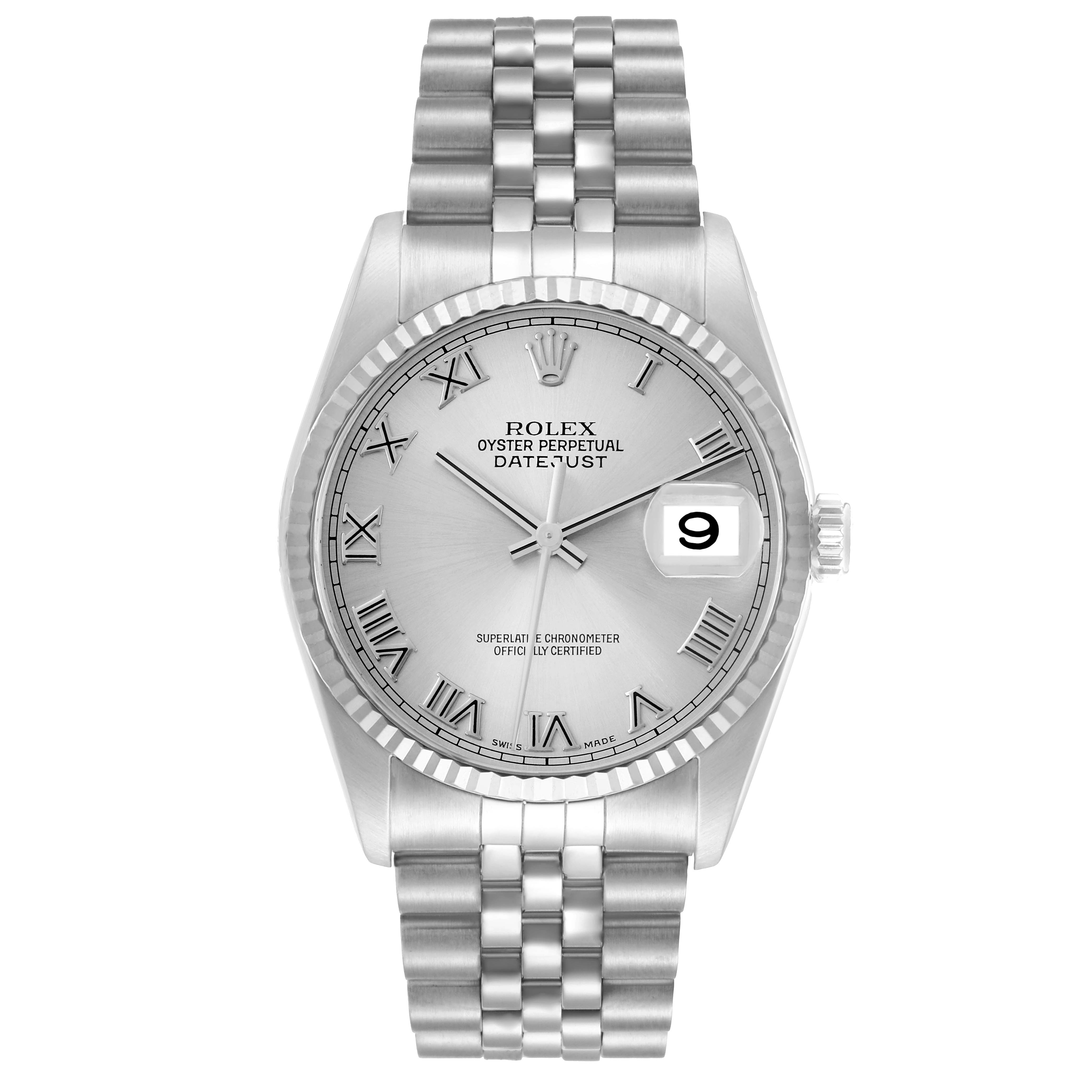 The Rolex Datejust 16234 Men
s Stainless Steel Silver Dial watch is shown from the front, displaying the dial, bezel, date window, and bracelet.