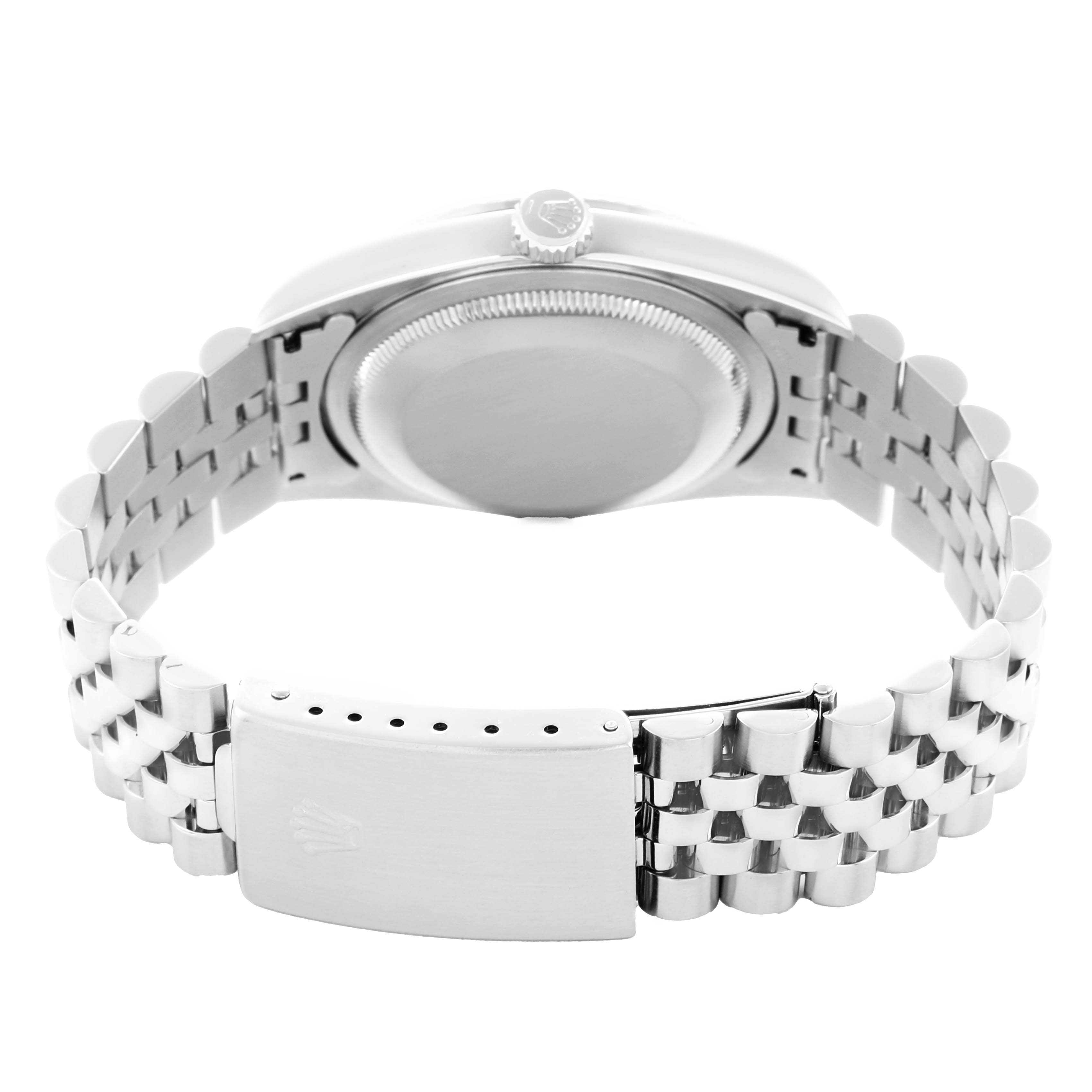 The image shows a Rolex Datejust 16234 Men
s Stainless Steel Silver Dial watch from the back, highlighting the bracelet and clasp.