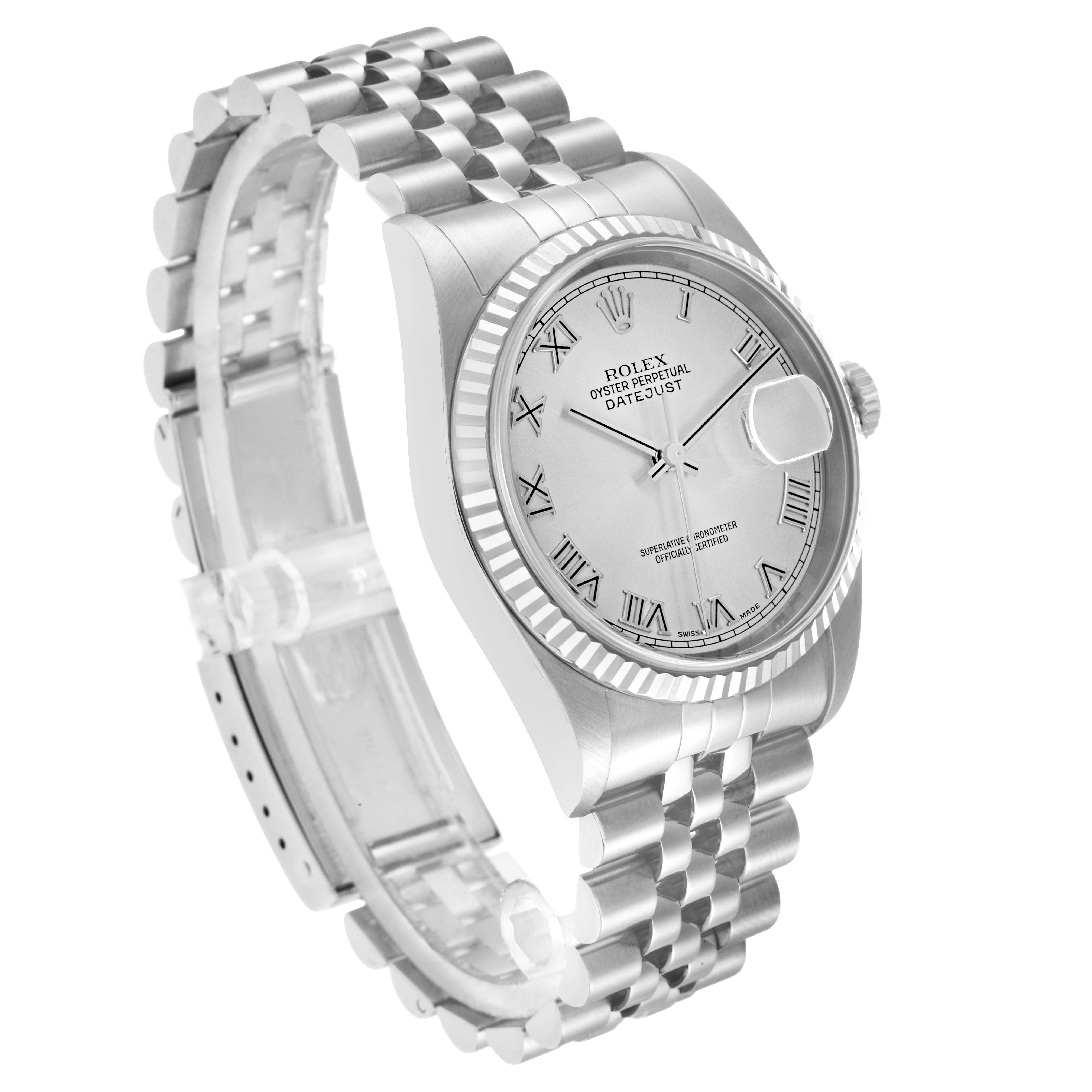 The Rolex Datejust 16234 Men
s Stainless Steel Silver Dial watch is shown at an angled side view, highlighting its face, bezel, crown, and Jubilee bracelet.