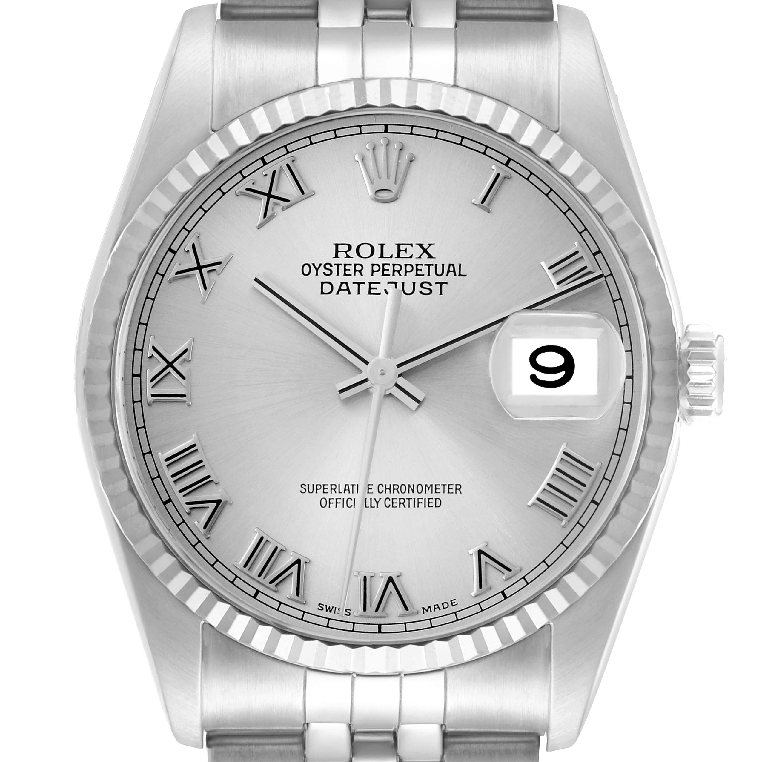 The Rolex Datejust 16234 Men
s Stainless Steel Silver Dial watch is shown from a front angle, highlighting the bezel, dial, case, and part of the bracelet.