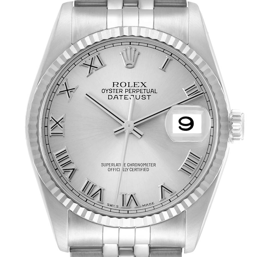 The Rolex Datejust model 16234 is shown from a front angle, displaying the dial, hands, bezel, and part of the bracelet.