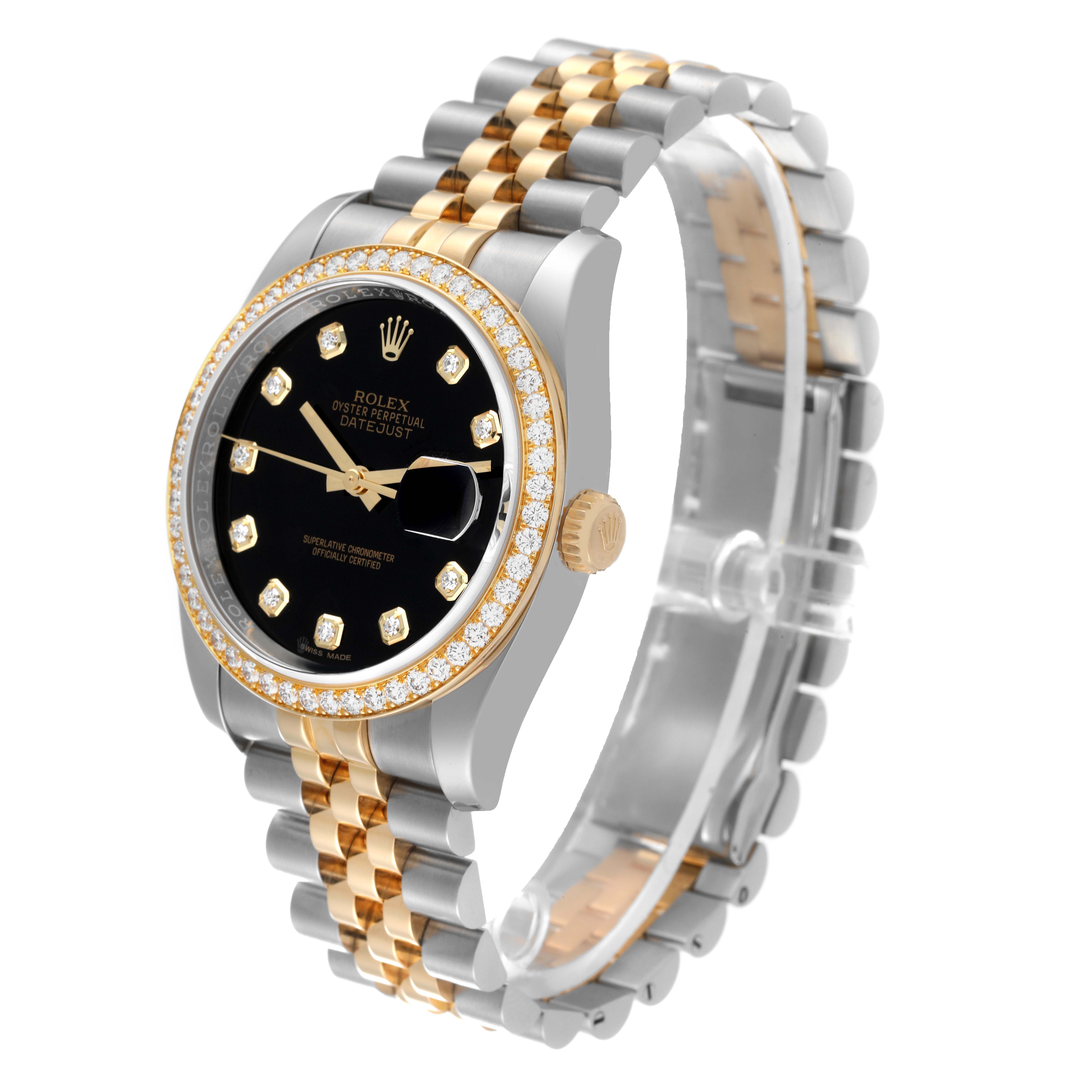 The image shows a Rolex Datejust 116243 Men's Steel and Gold (two tone) Black Dial 116243 Men's Steel and Gold (two tone) Black Dial watch angled to display the face, bracelet, and bezel with diamonds.