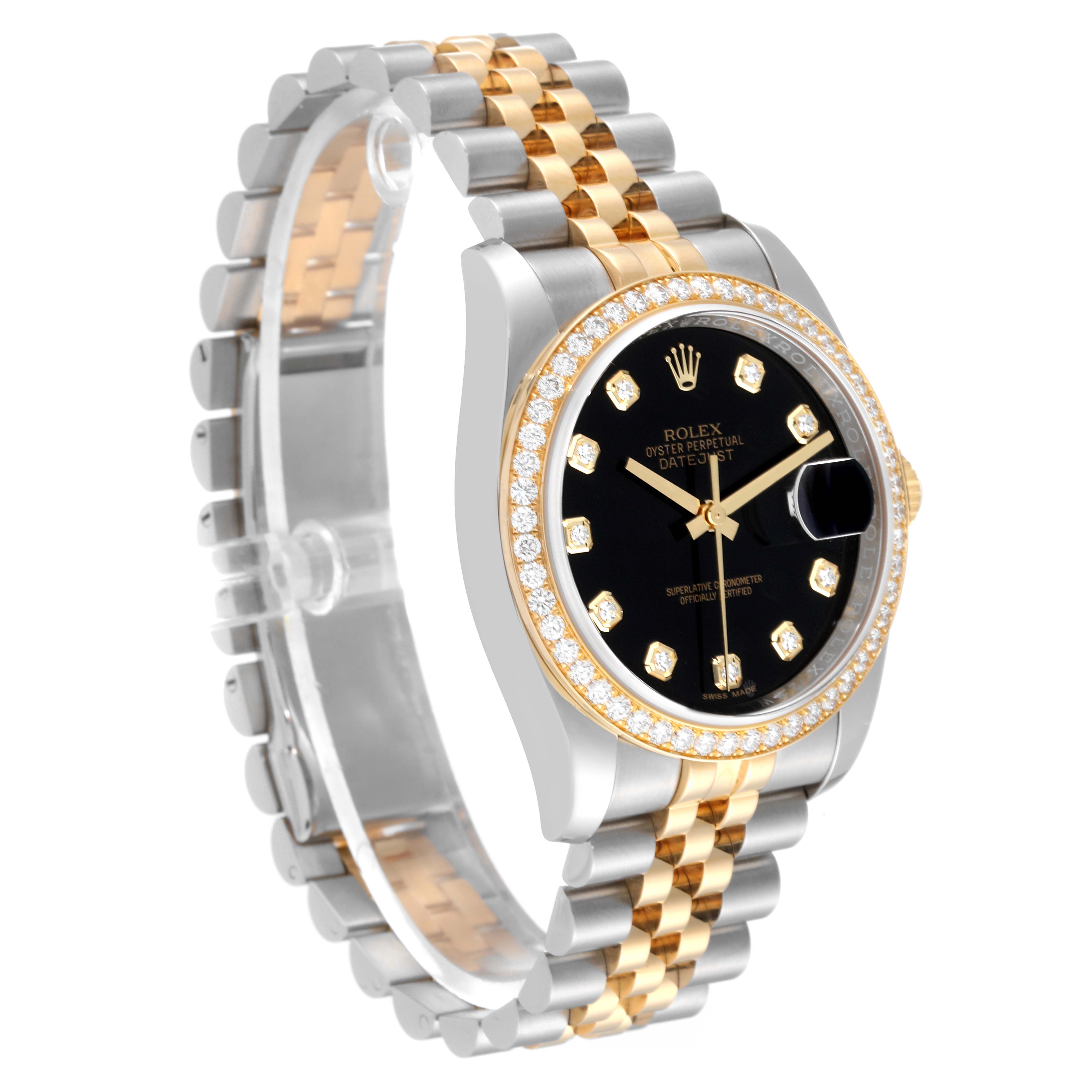 This image shows a side angle of a Rolex Datejust 116243 Men's Steel and Gold (two tone) Black Dial 116243 Men's Steel and Gold (two tone) Black Dial watch, highlighting its bracelet, bezel, and dial with diamond markers.