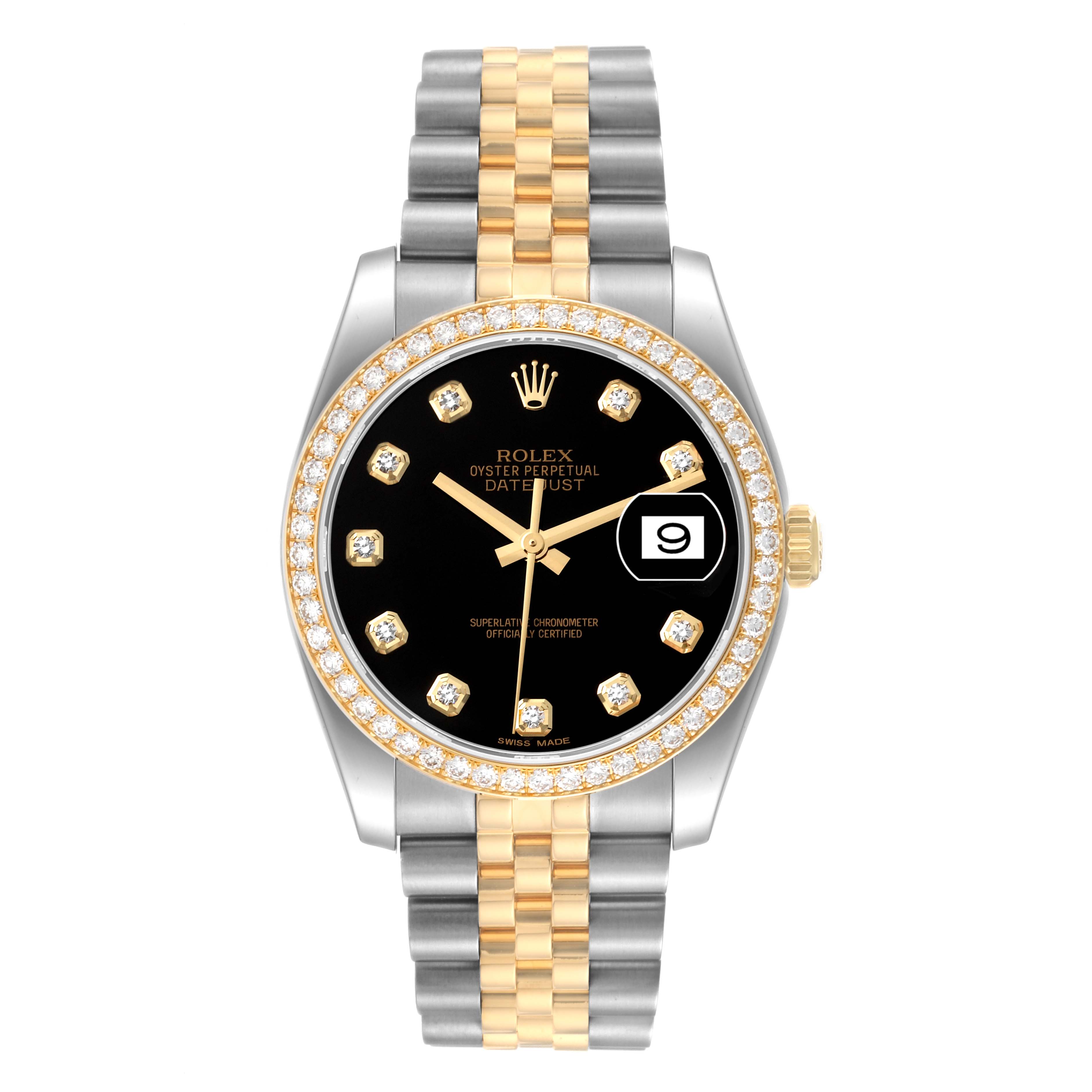 The image shows a Rolex Datejust 116243 Men's Steel and Gold (two tone) Black Dial 116243 Men's Steel and Gold (two tone) Black Dial watch from a top-down angle featuring a black dial, diamond hour markers, and a two-tone bracelet.